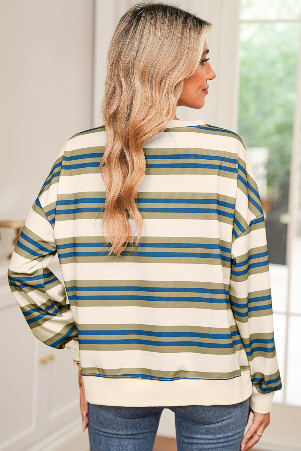 Khaki Striped Crew Neck Drop Shoulder Pullover Sweatshirt  Shop One Place