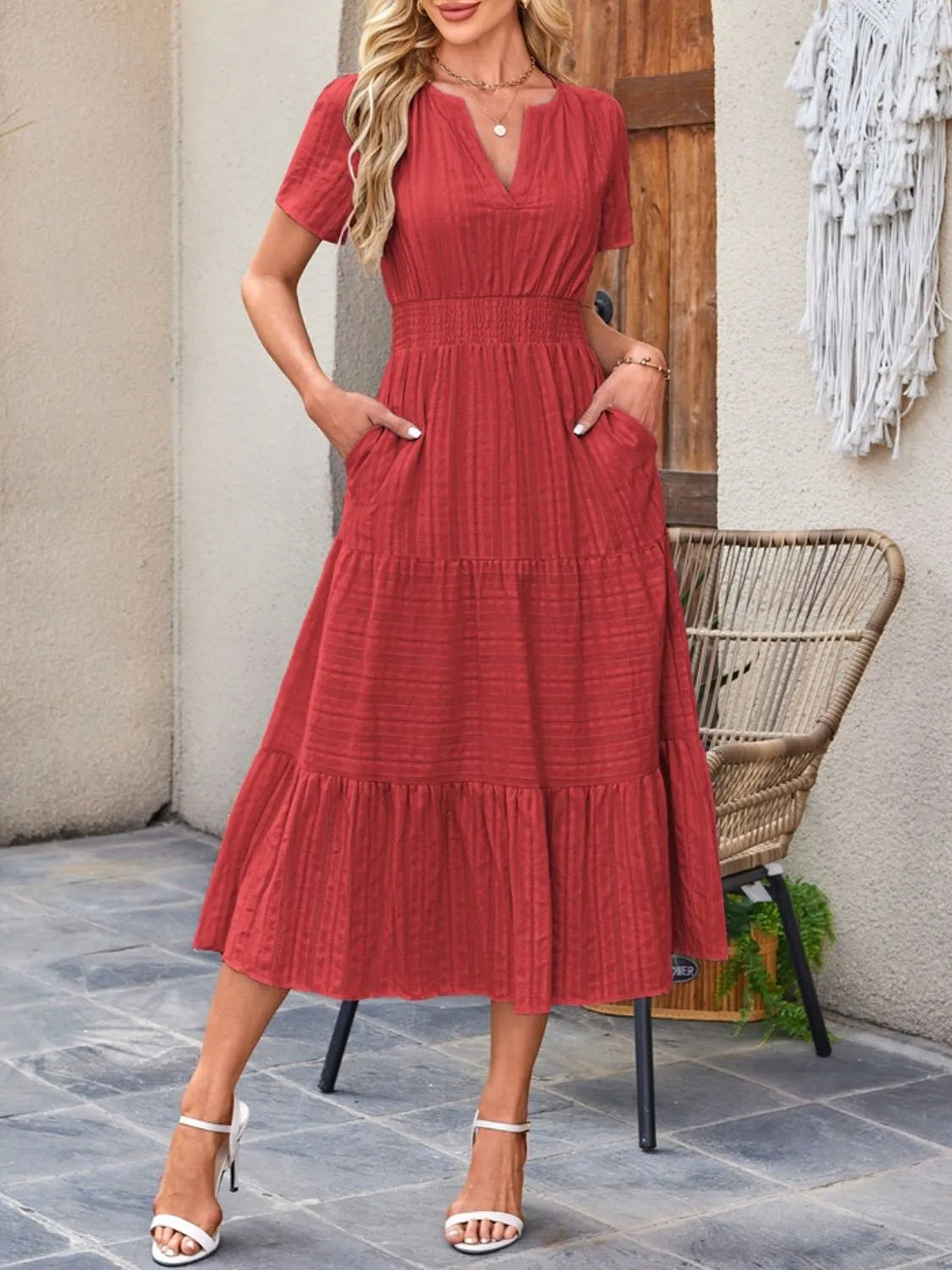 Tiered Notched Short Sleeve Dress  Shop One Place