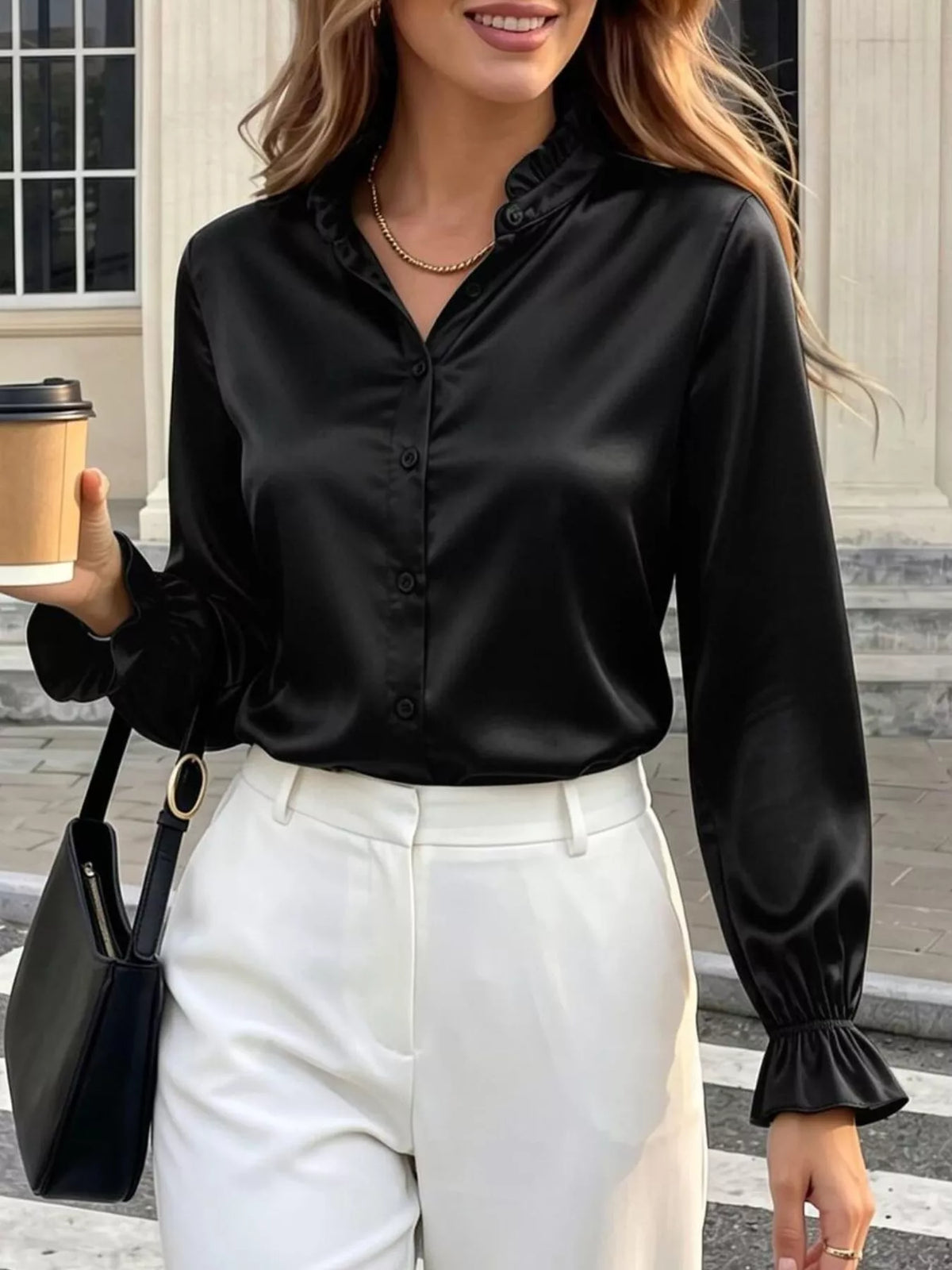 Women's Ruffle Trim Satin Button-Down Shirt – view 15