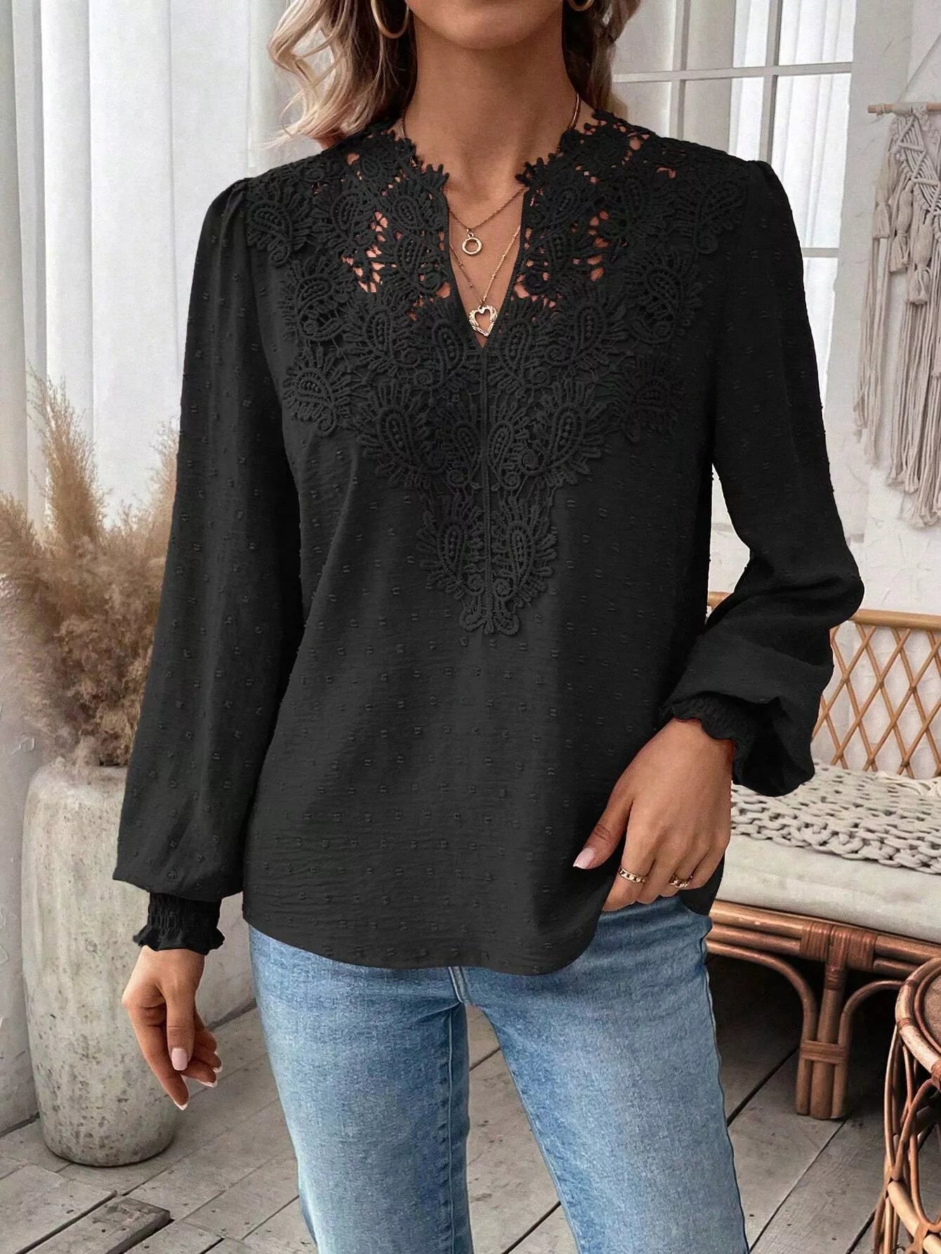 Swiss Dot Lace Detail Long Sleeve Blouse  Shop One Place