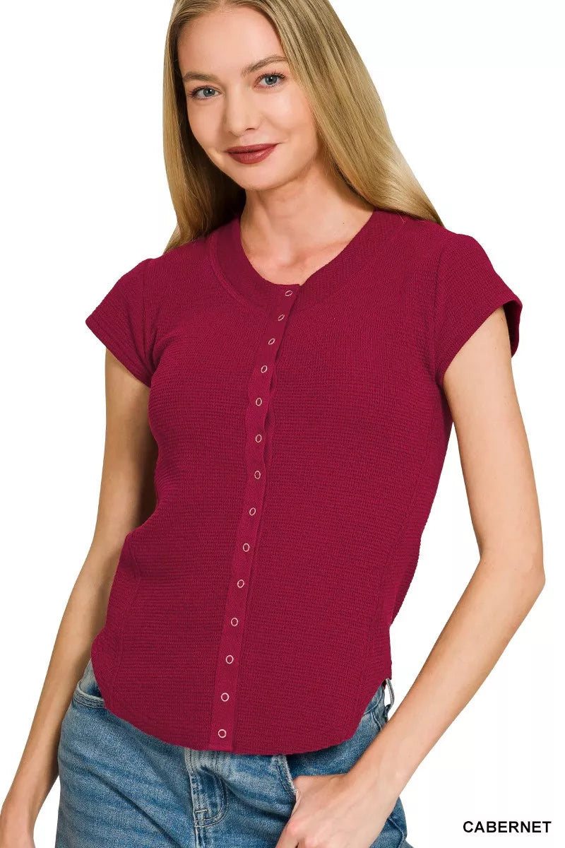 Zenana Double Knit Snap Button Short Sleeve Shirt  Shop One Place