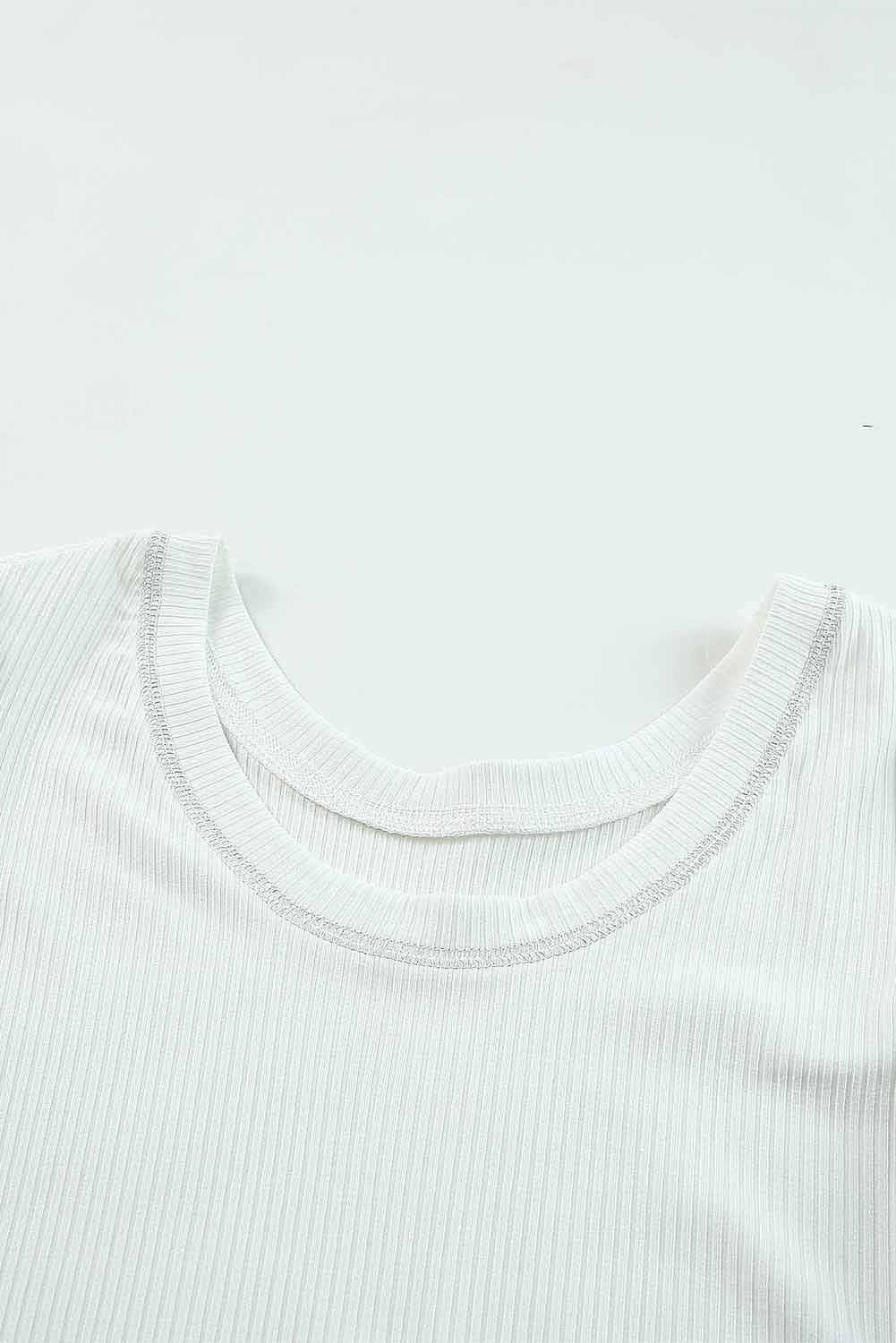 White Ribbed Knit Scoop Neck Half Sleeve Basic T Shirt