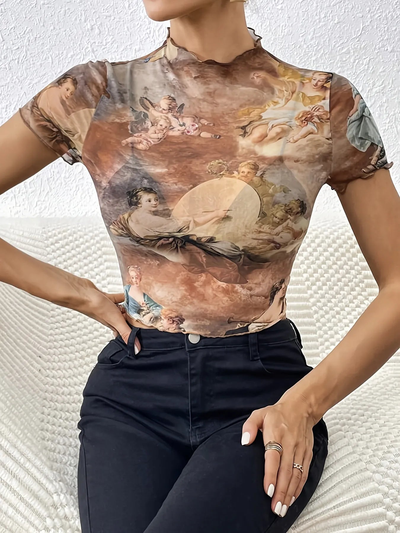 Abstract Print Ruffled Mock Neck Crop T-Shirt  Shop One Place