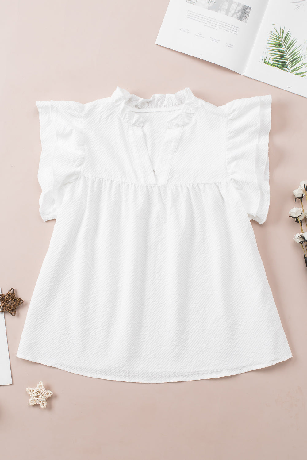 White Basic Textured Tiered Ruffle Sleeve Blouse for Women