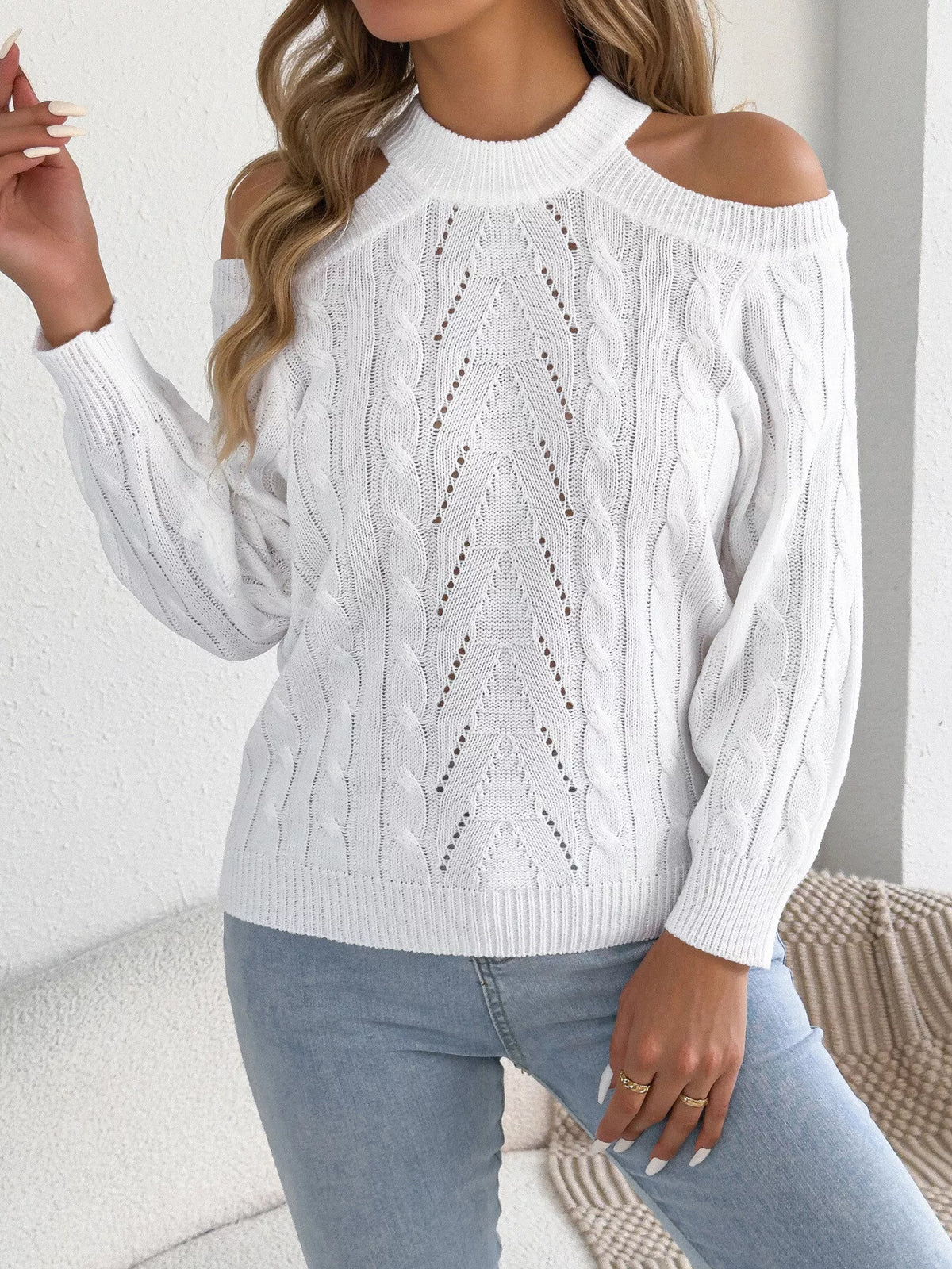 Women's Cold Shoulder Cable Knit Sweater – view 11