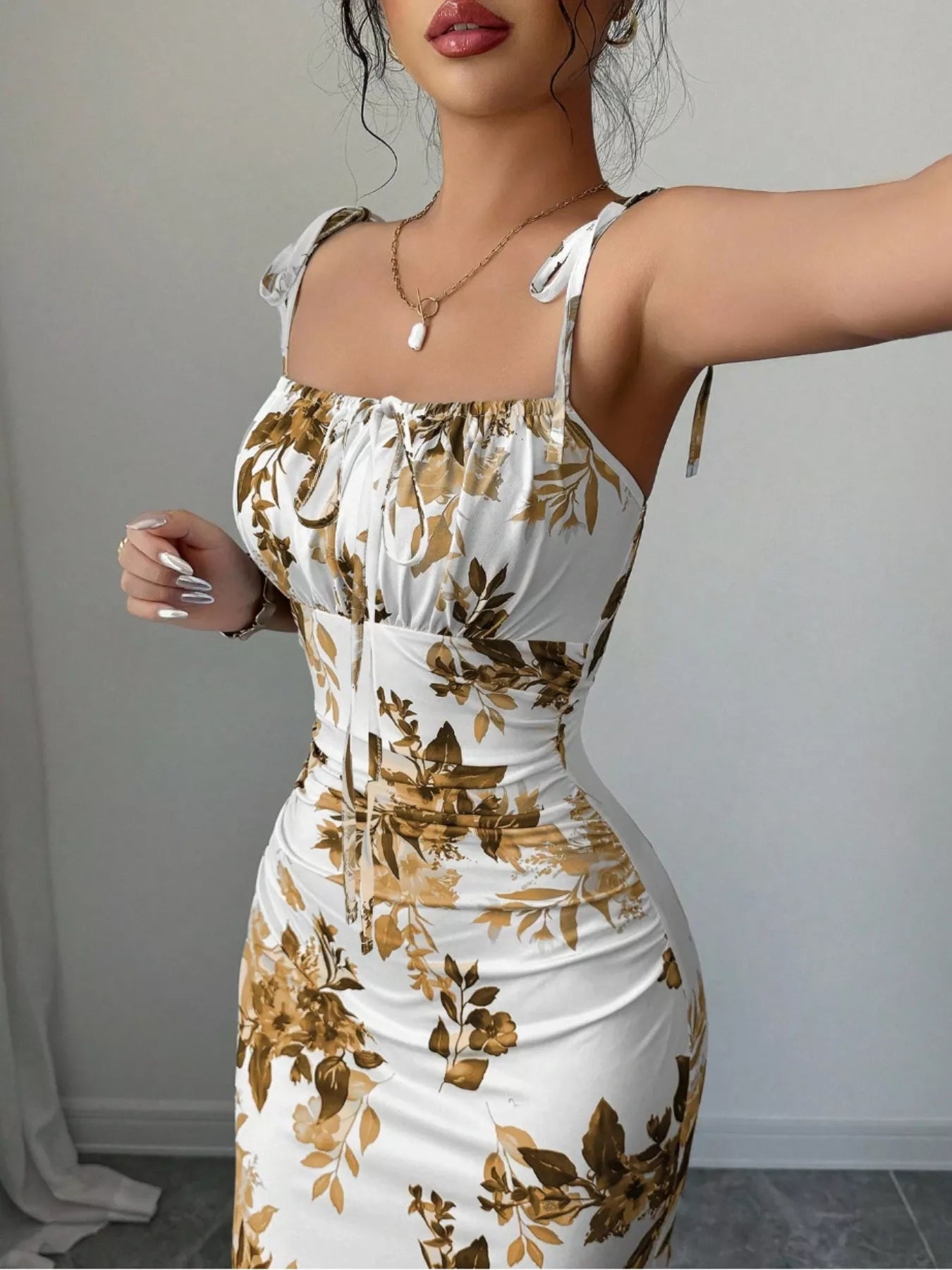 Printed Tie Strap Slit Maxi Dress  Shop One Place