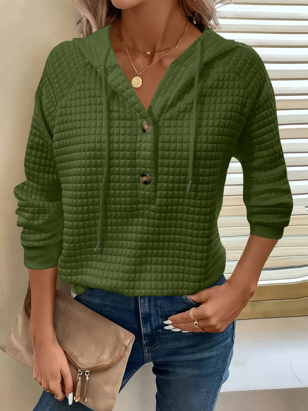 Full Size Texture Button Detail Drawstring Long Sleeve Hoodie  Shop One Place