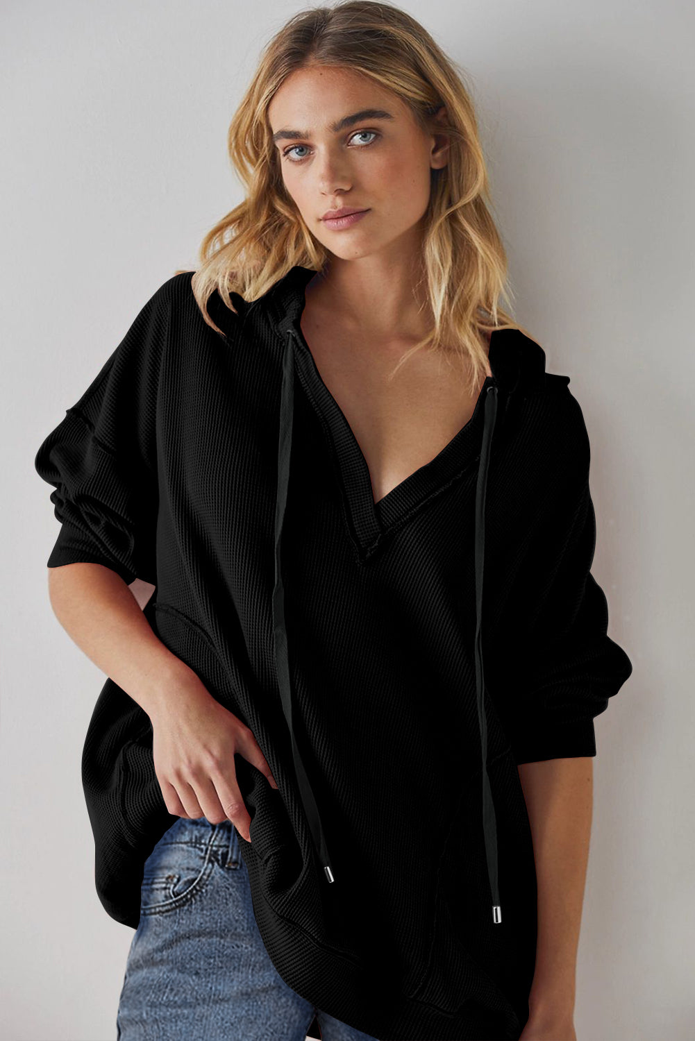 Black Oversize Waffle Drop Shoulder Exposed Seam V Neck Hoodie  Shop One Place