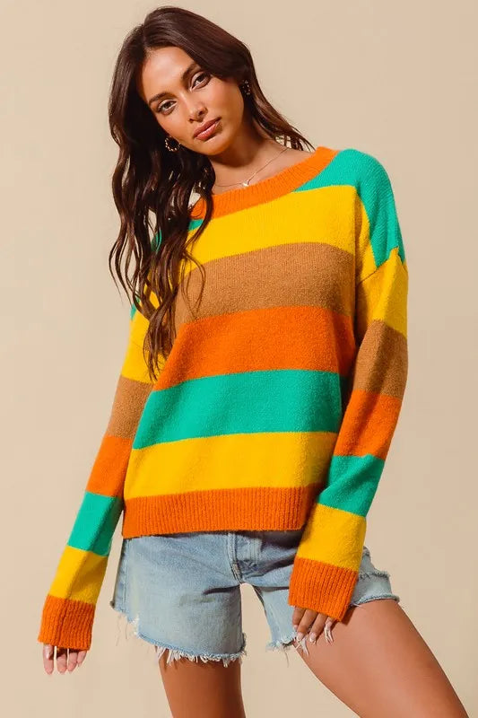 SO ME Multi Color Stripe Sweater with Ribbed Detail  Shop One Place