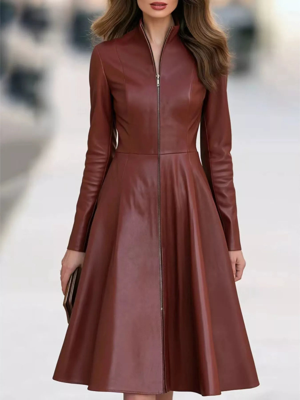 Women's Faux Leather Zip-Front A-Line Midi Dress