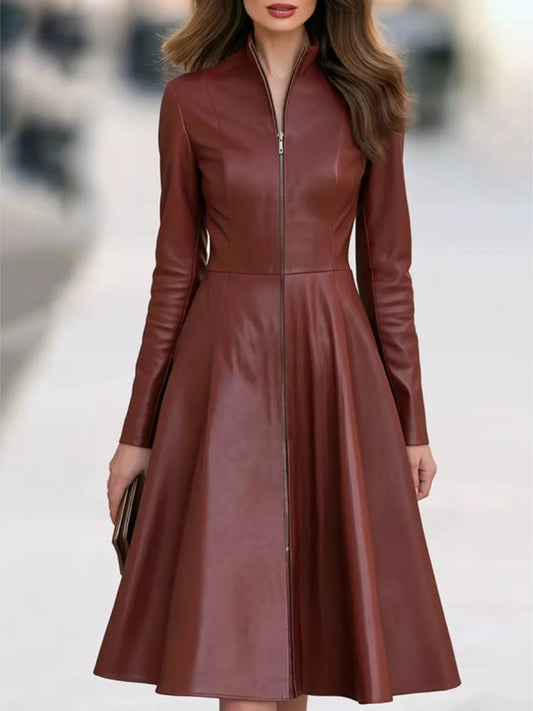 Women's Faux Leather Zip-Front A-Line Midi Dress