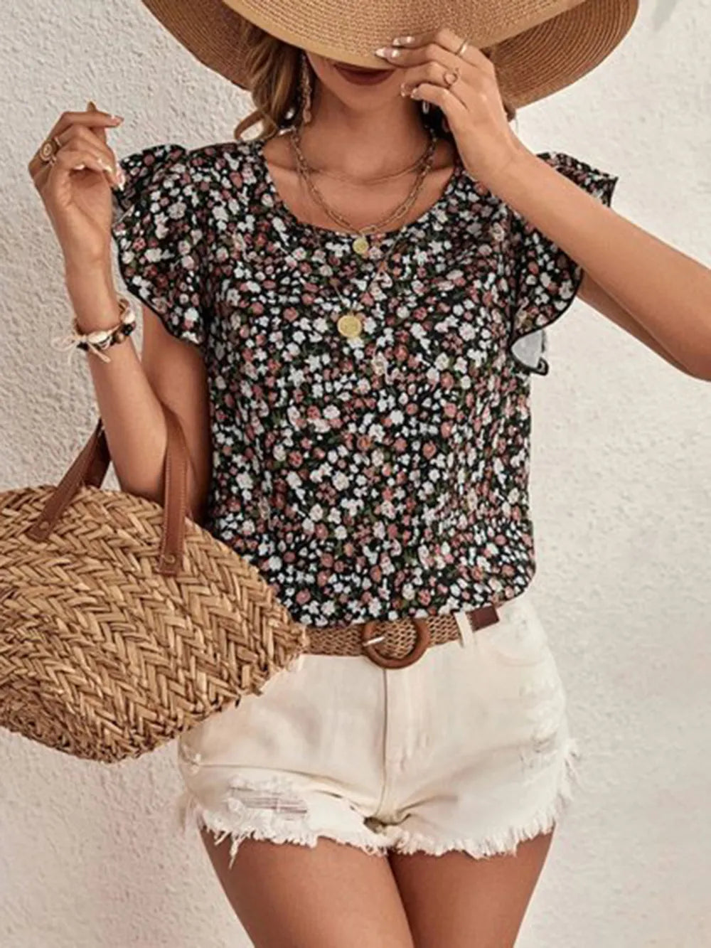 Ditsy Floral Round Neck Cap Sleeve Top  Shop One Place