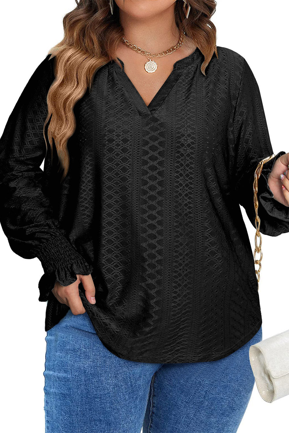 Black Eyelet Jacquard Split Neck Flounce Sleeve Plus Size Blouse