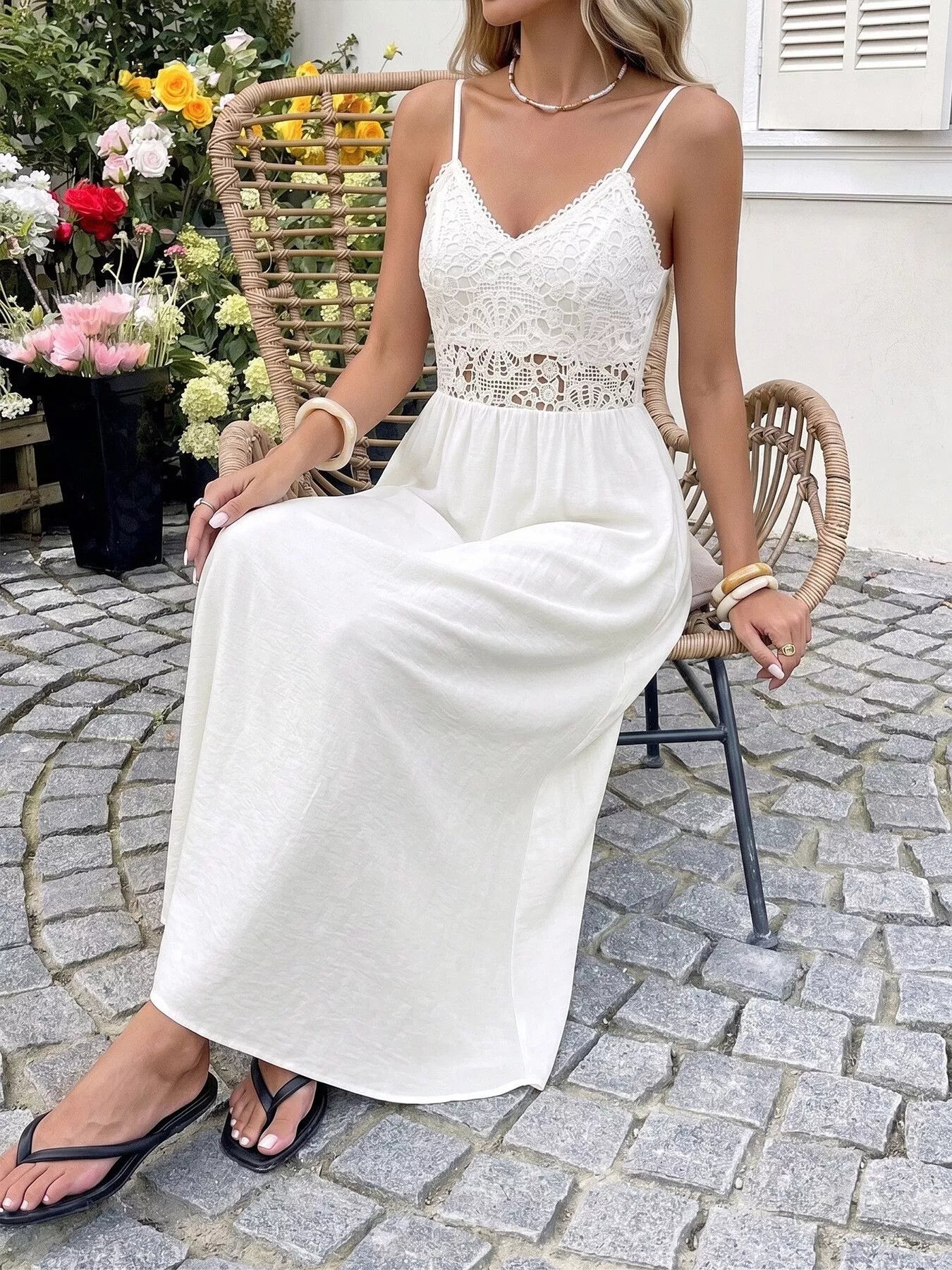 Lace V-Neck Flowy Maxi Dress  Shop One Place