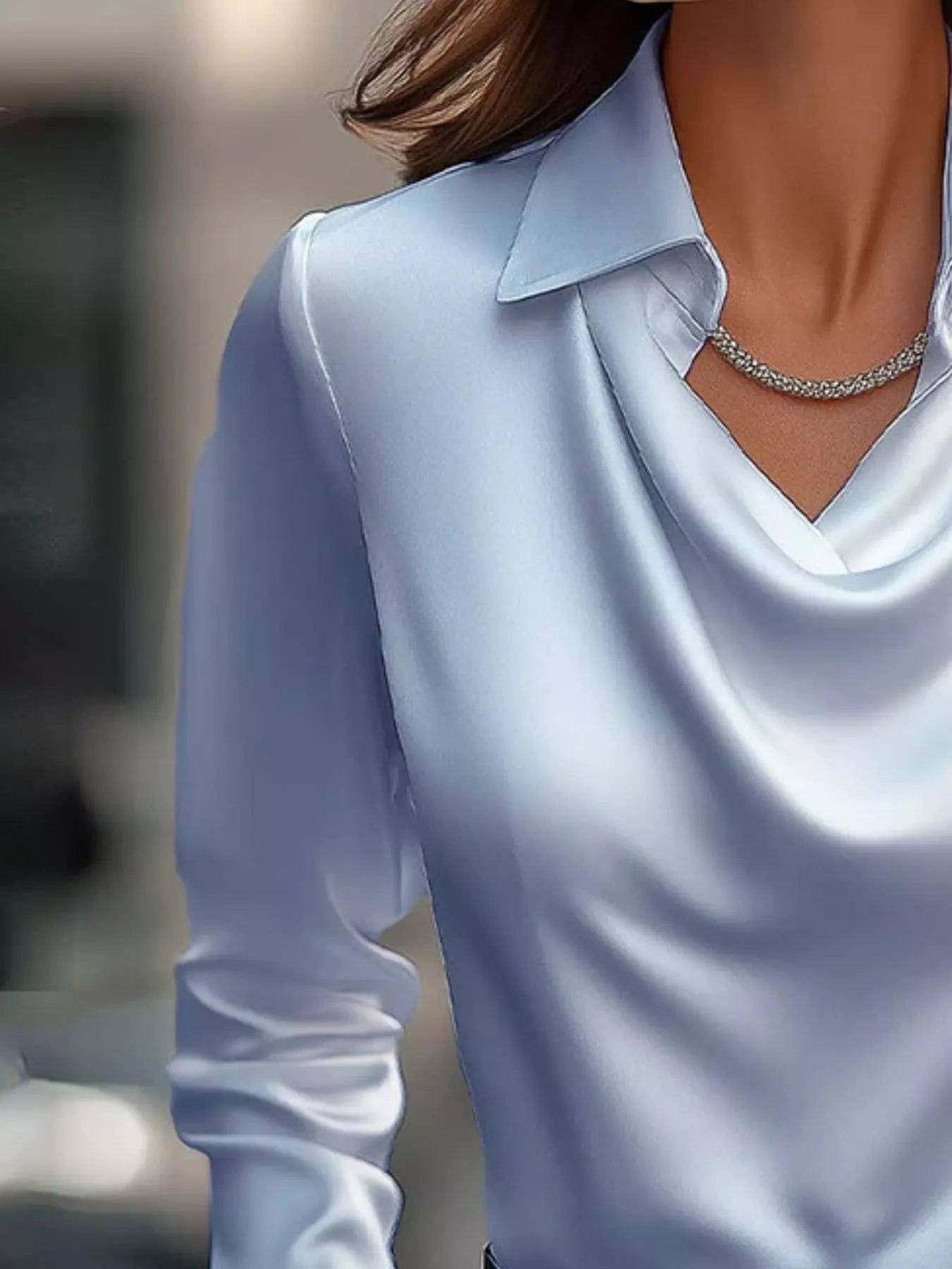 Ruched Long Sleeve Drape Collar Blouse  Shop One Place