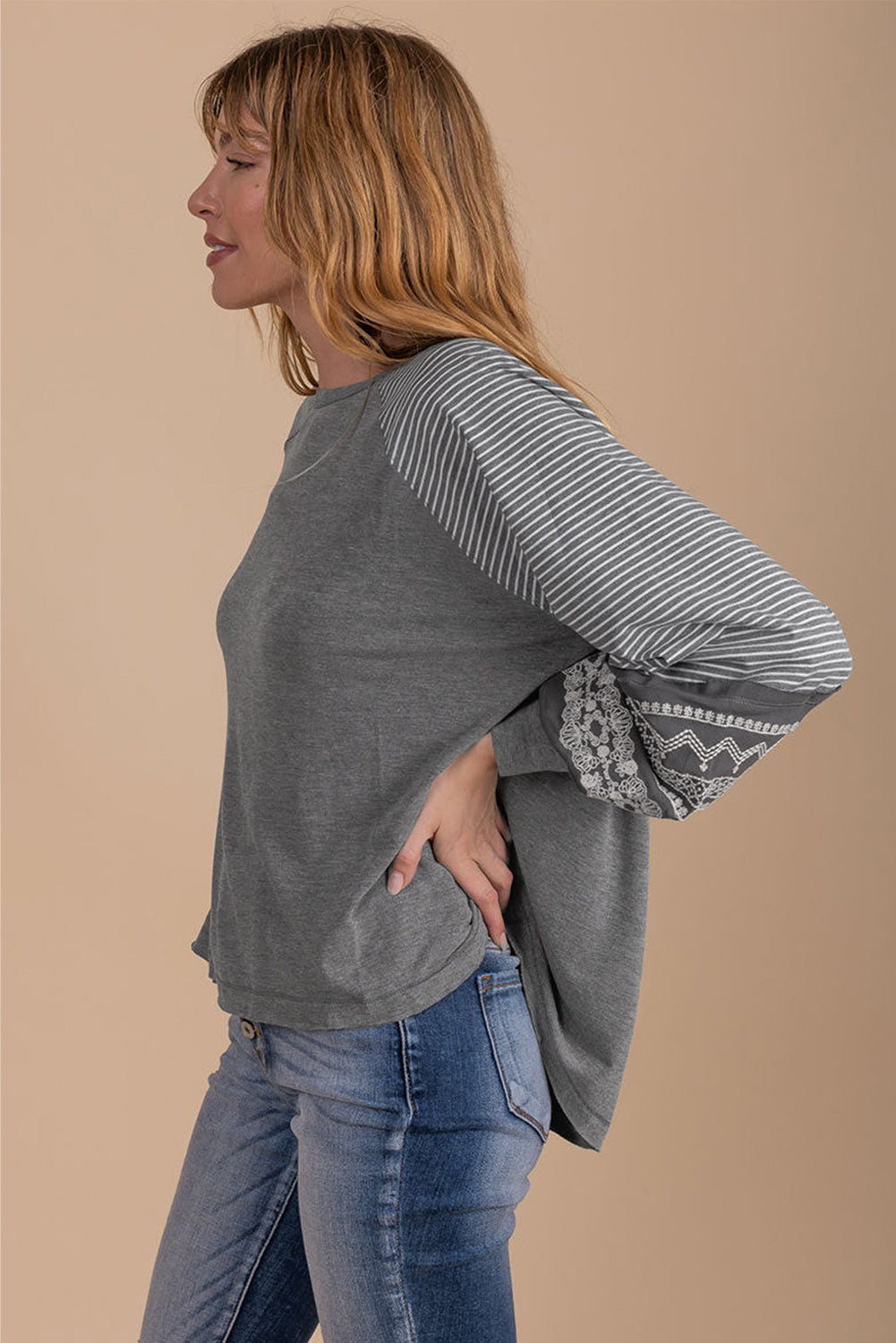 Gray Contrast Print Striped Raglan Long Sleeve Loose Top  Shop One Place