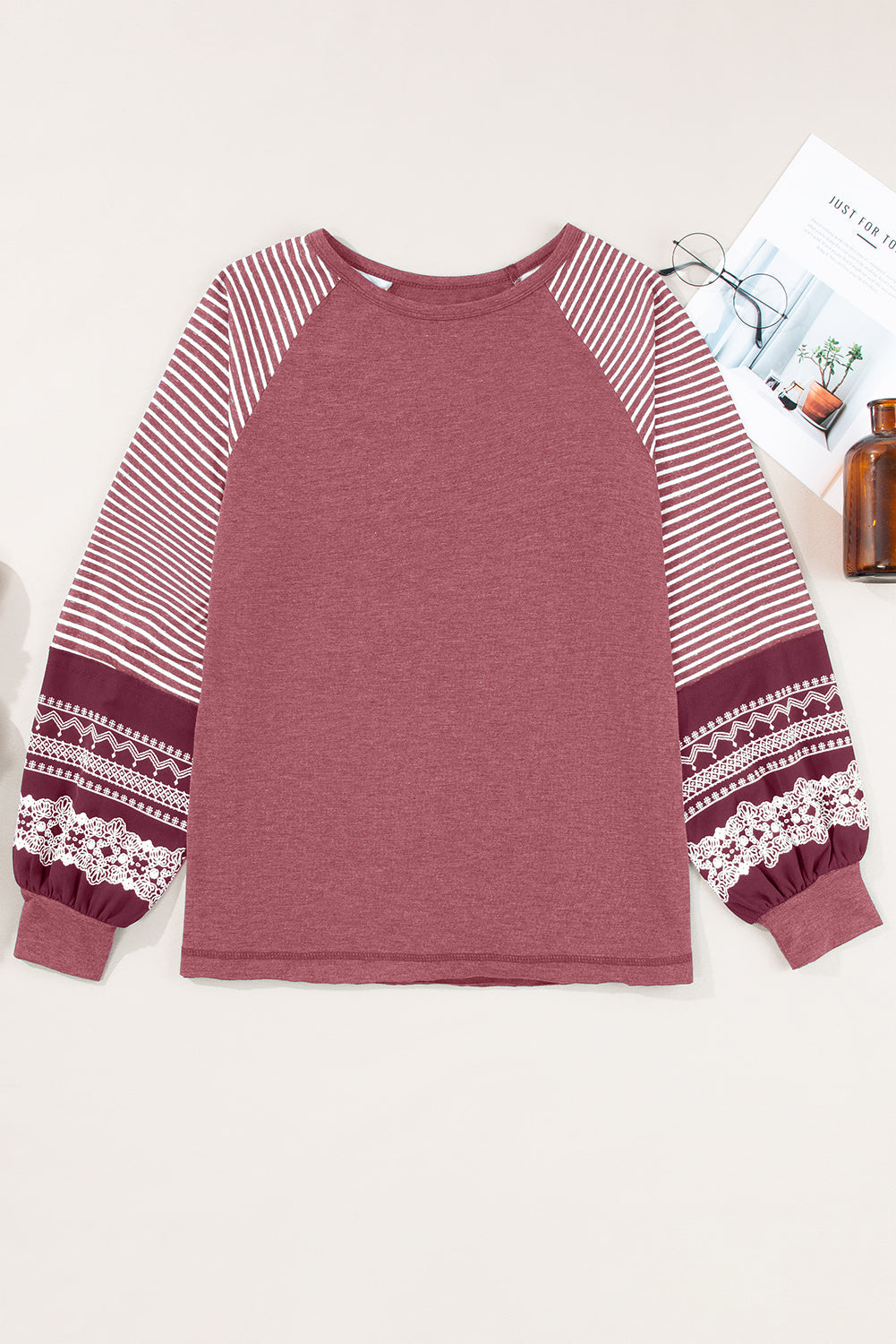 Gray Contrast Print Striped Raglan Long Sleeve Loose Top  Shop One Place