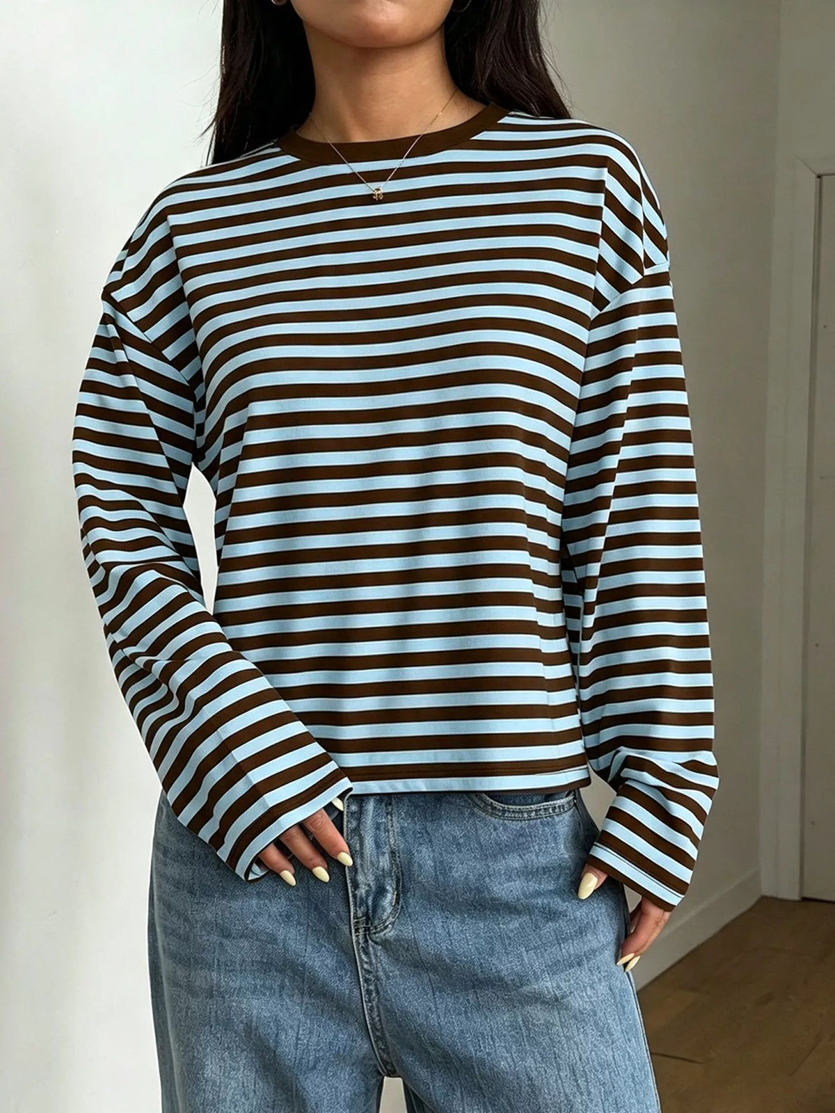 Full Size Casual Long-Sleeve Striped Crew Neck T-Shirt Plus Size  Shop One Place