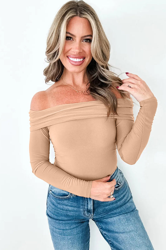 Smoke Gray Foldover Off Shoulder Long Sleeve Slim Top