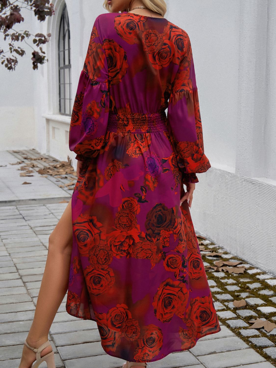 Split Printed Surplice Long Sleeve Floral Midi Dress