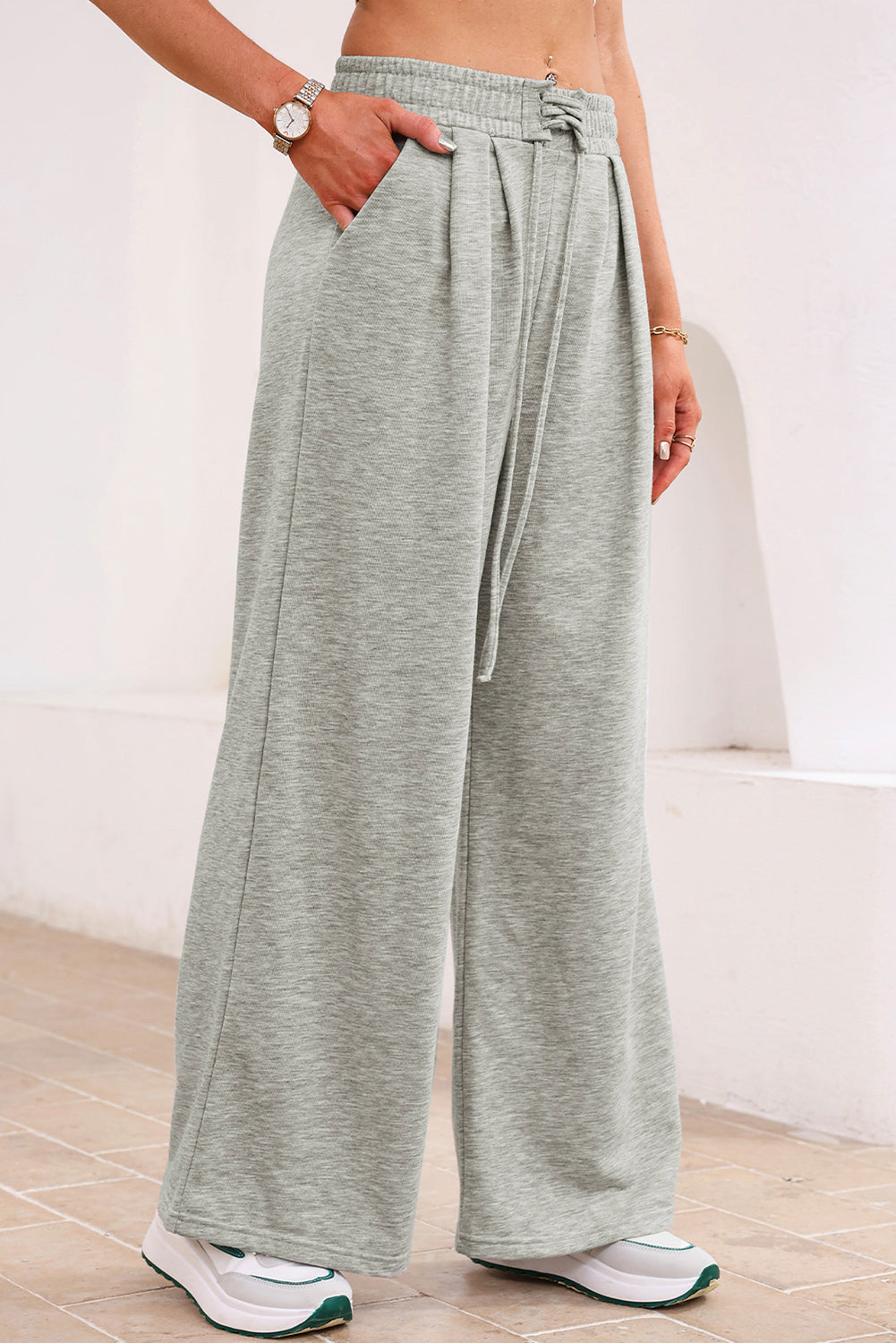 Tied Elastic High Waist Pleated Detail Solid Sweatpants