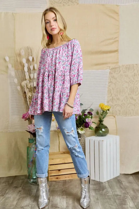 ADORA Elasticized Round Necking Floral Print Tunic Top  Shop One Place
