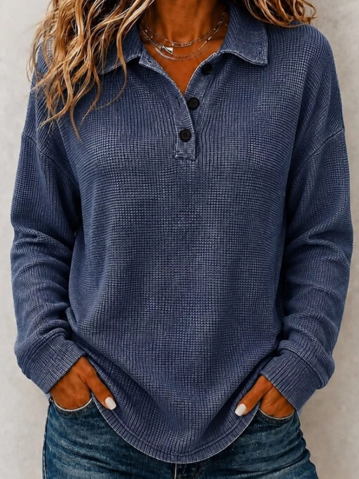 Full Size Waffle Knit Dropped Shoulder Polo Top Plus Size  Shop One Place