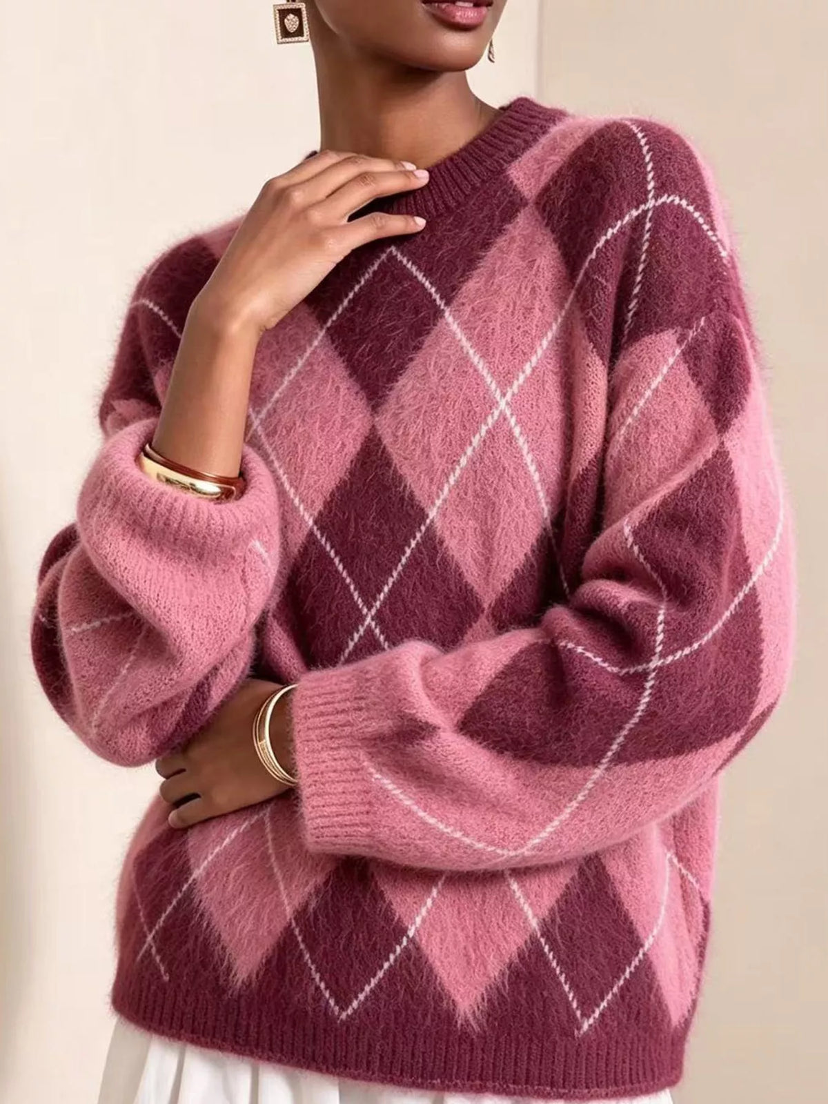 Women's Argyle Fuzzy Knit Sweater – view 9