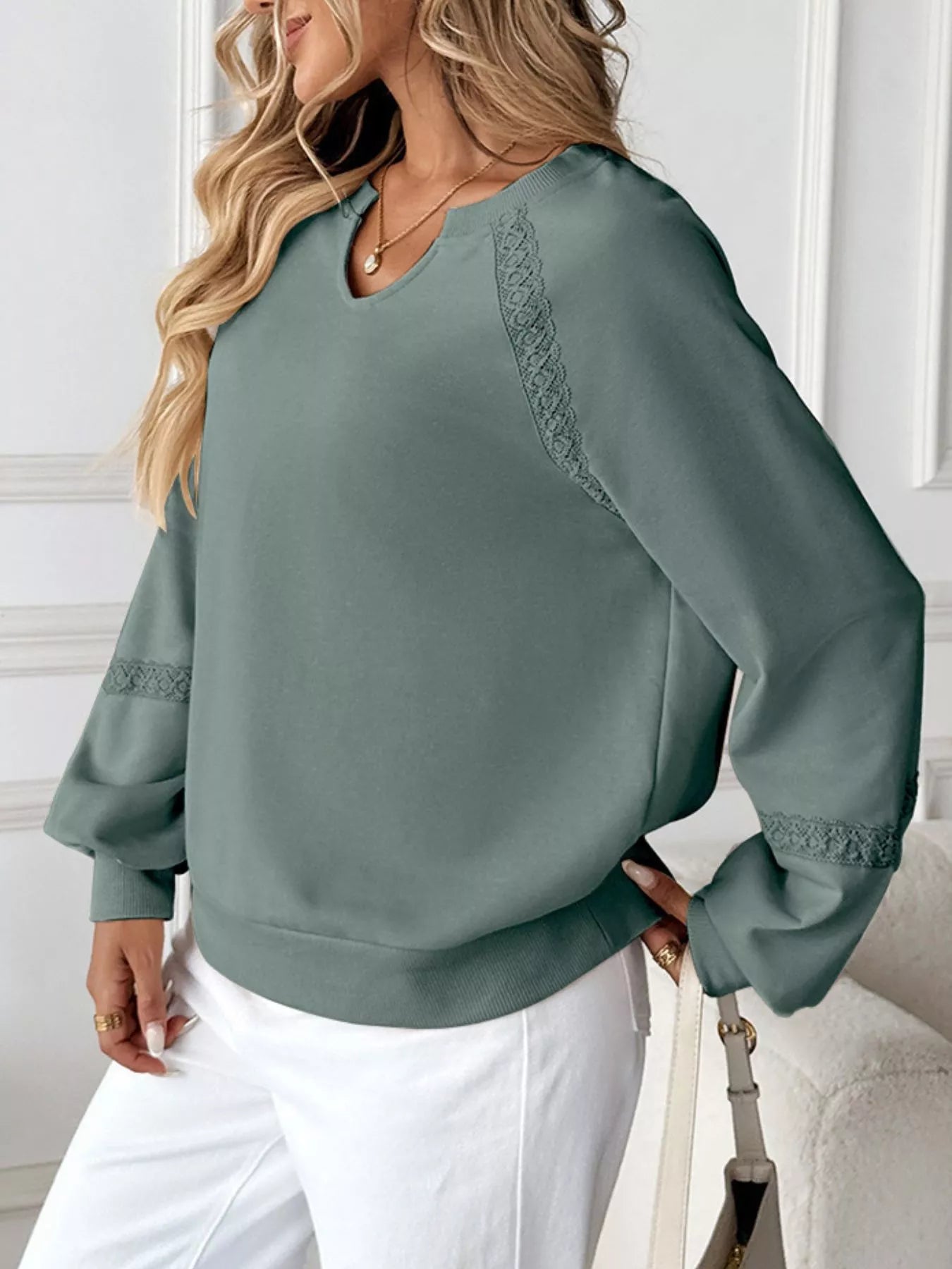 Notched Raglan Sleeve Sweatshirt  Shop One Place