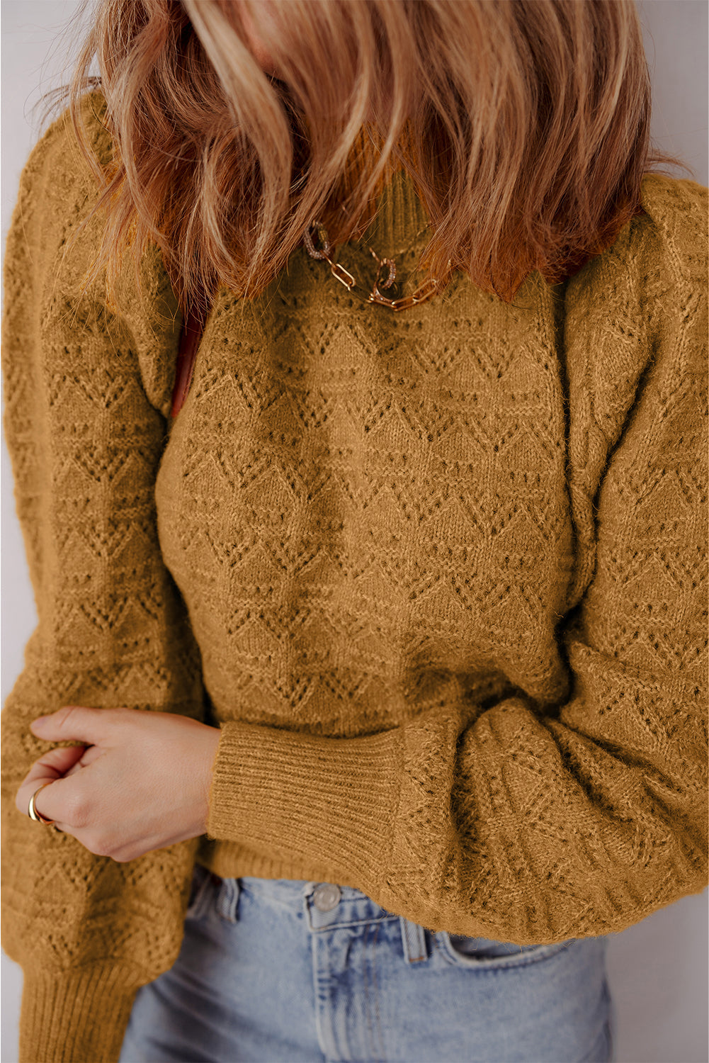 Jurassic Gold Hollow Out Crochet Ribbed Edge Balloon Sleeve Sweater  Shop One Place
