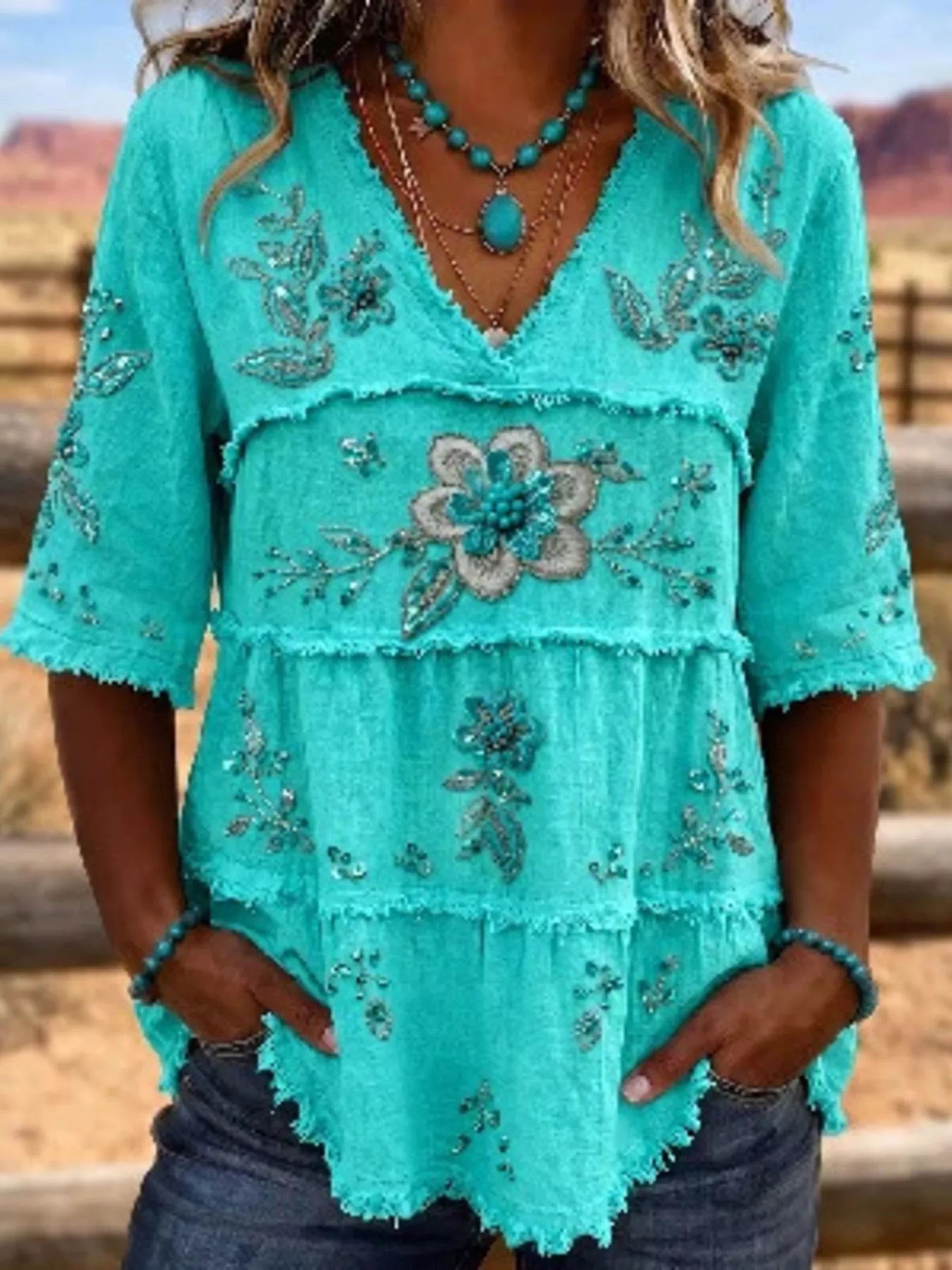 Full Size Floral Raw Hem V-Neck Blouse Plus Size  Shop One Place