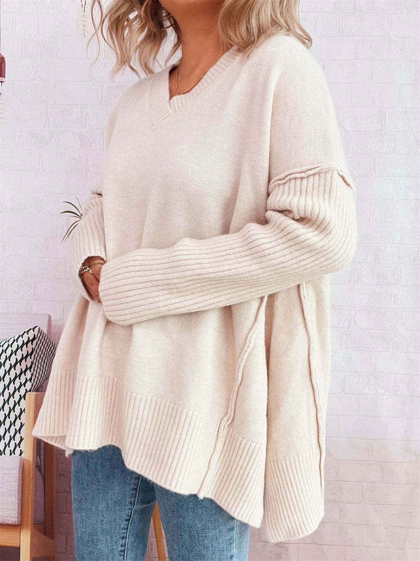 V-Neck Dropped Shoulder Sweater  Shop One Place