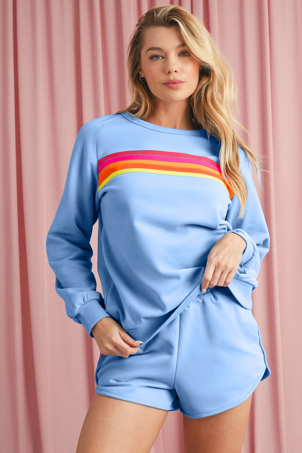 Bonbon Colorful Striped Long Sleeve Pullover and Shorts Set  Shop One Place
