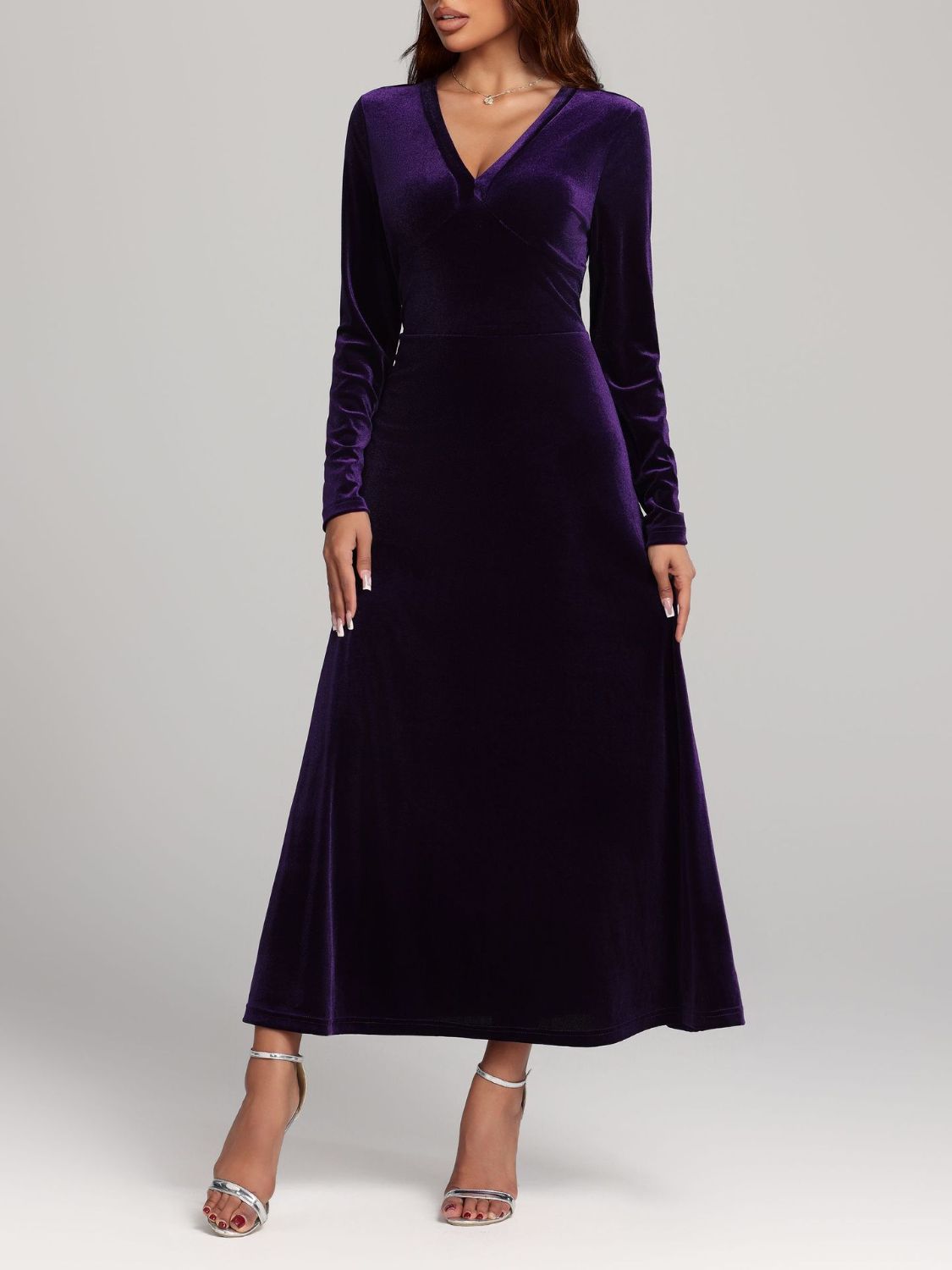 V-Neck Long Sleeve Velvet Dress  Shop One Place