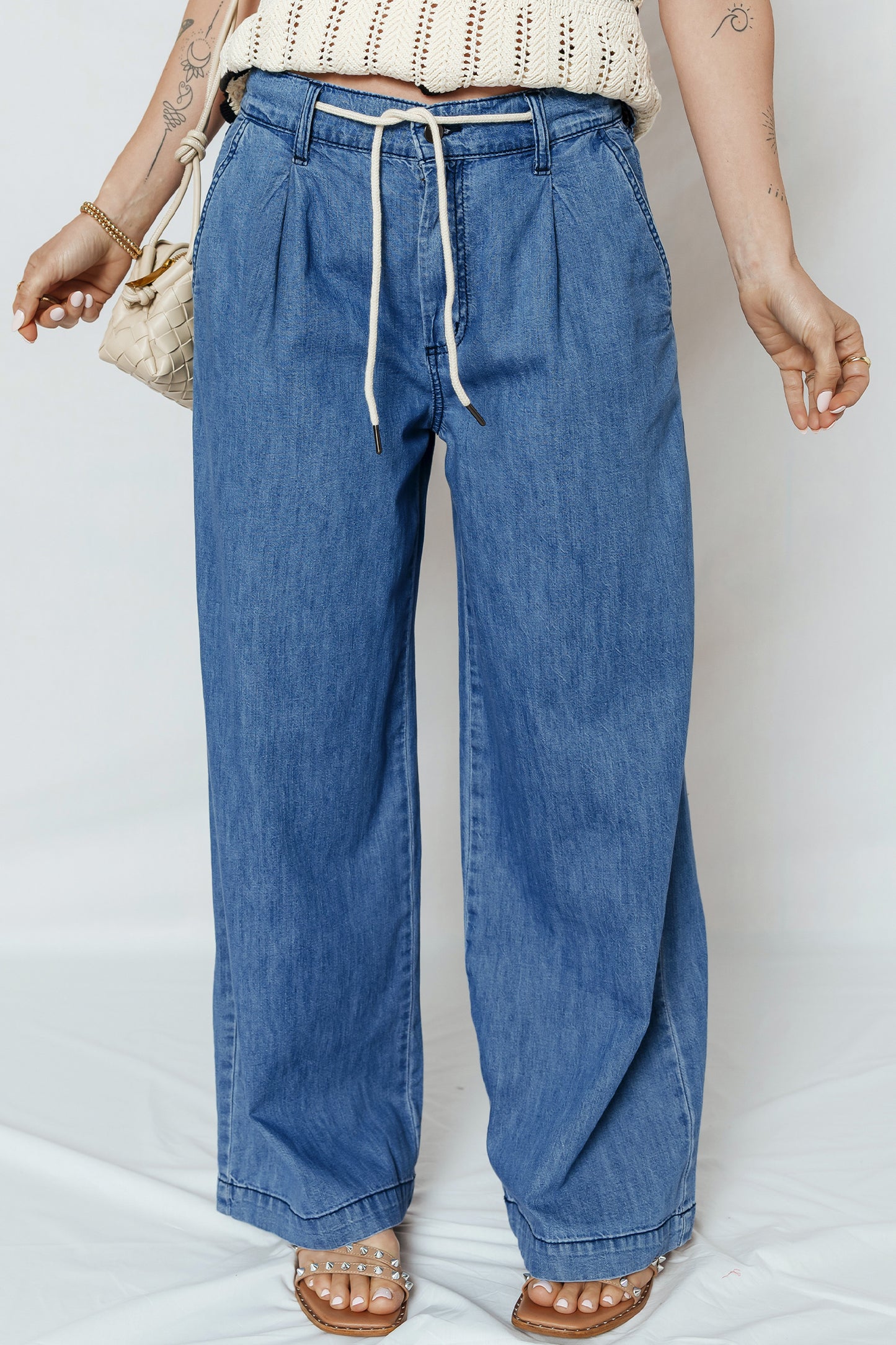 Dusk Blue Lace-up Pull on Wide Leg Jeans  Shop One Place
