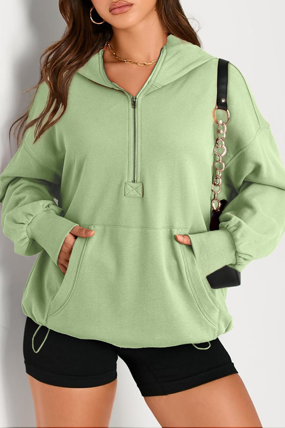 Moss Green Kangaroo Pocket Half Zipper Oversized Hoodie