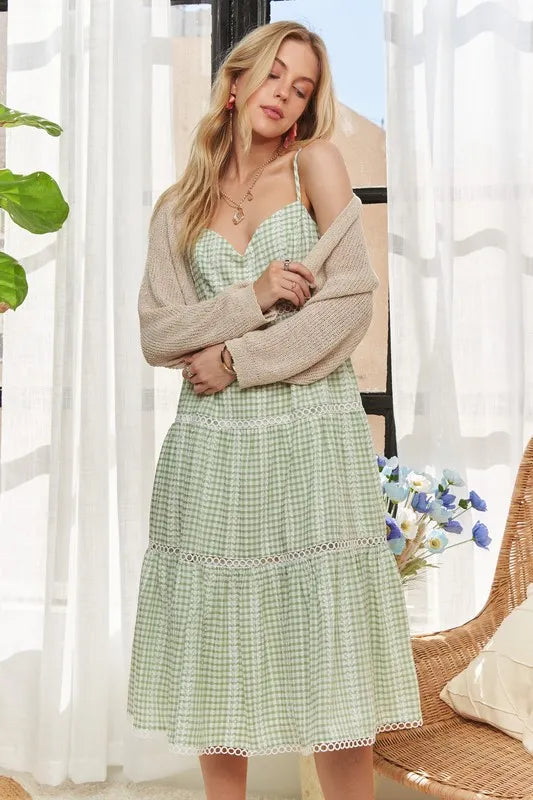 ADORA Gingham Detail Washed Dress-Light Green  Shop One Place