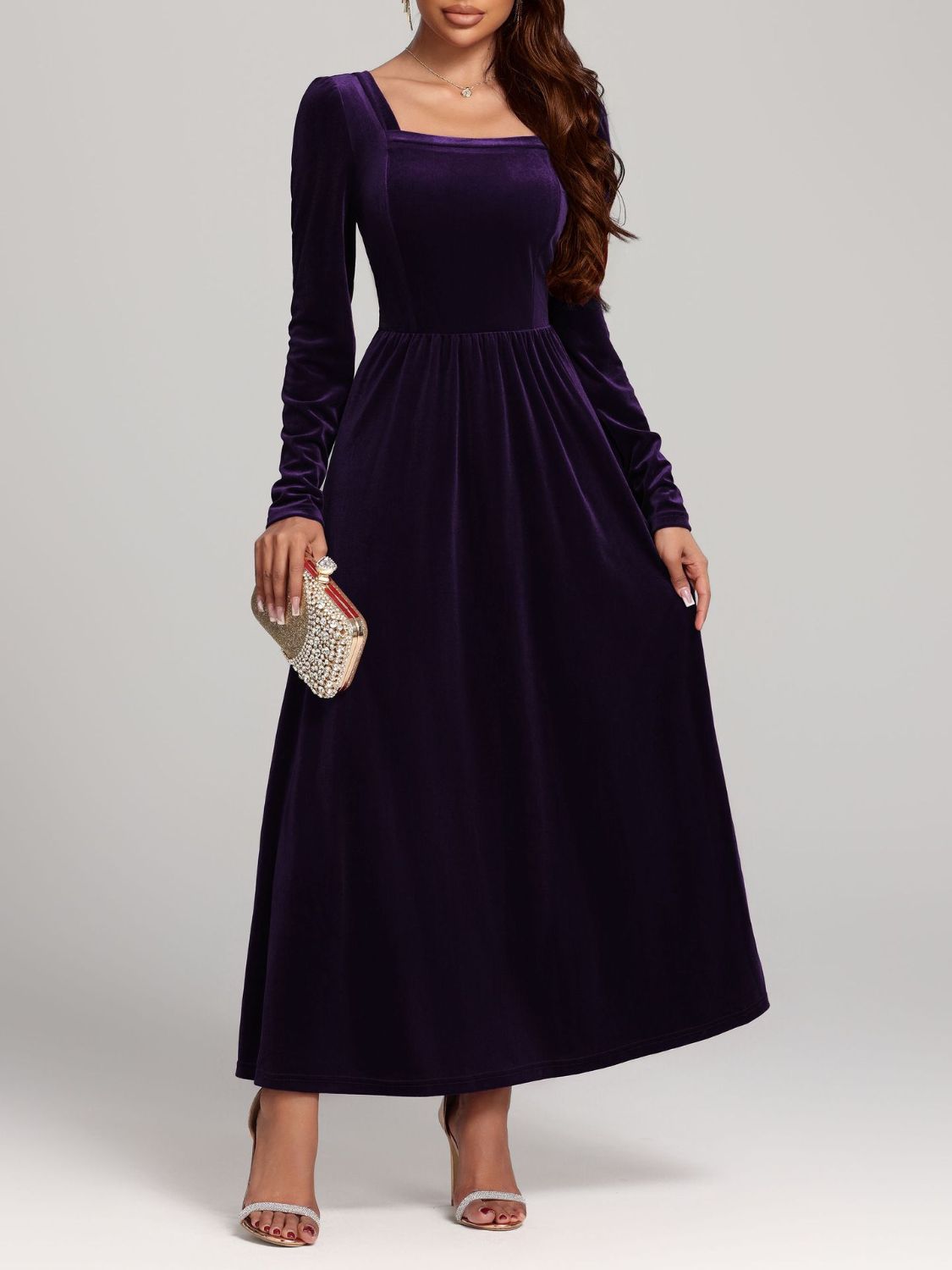 Velvet Square Neck Long Sleeve Dress  Shop One Place