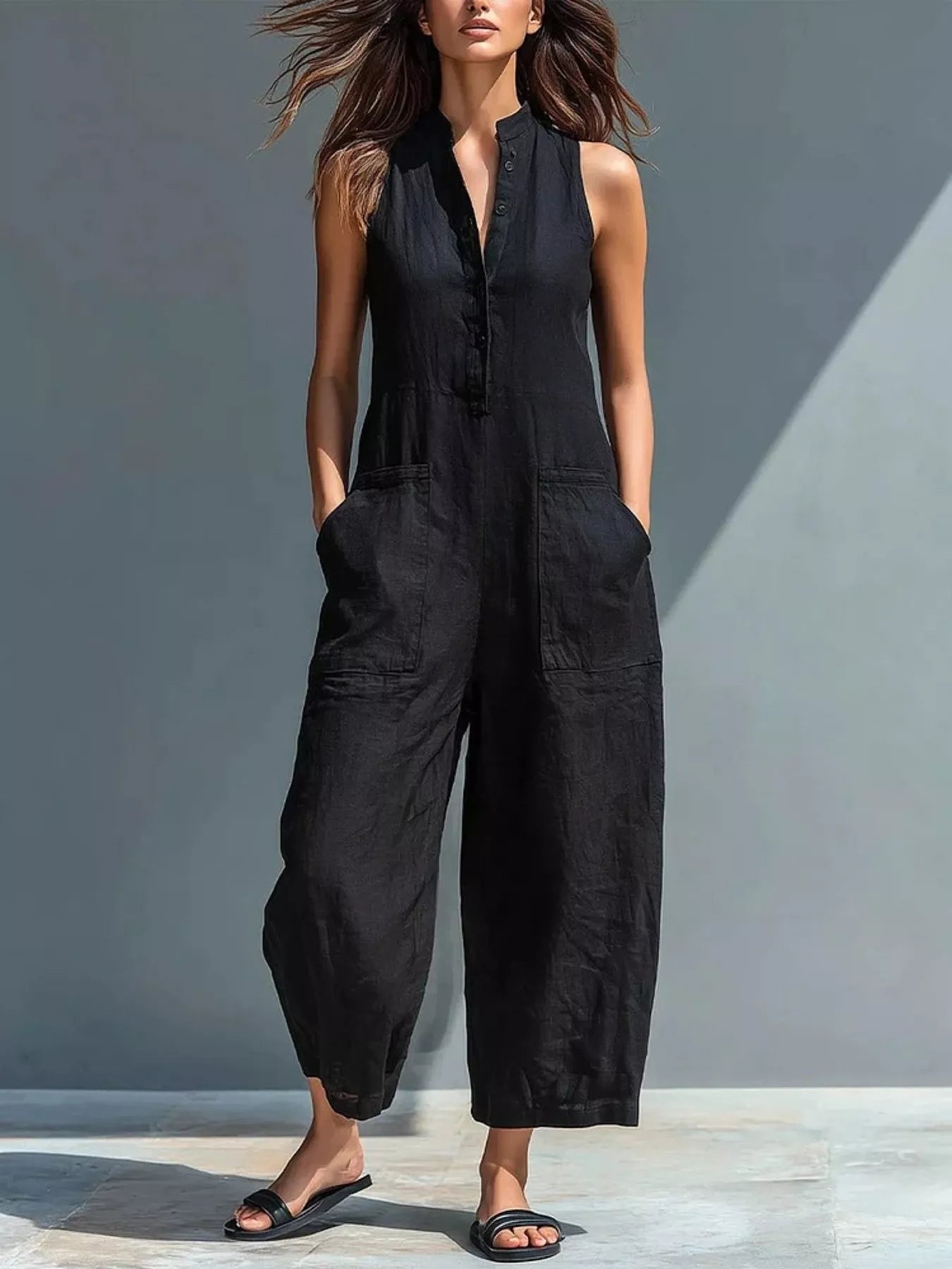 Full Size Button Front Sleeveless Jumpsuit Plus Size  Shop One Place