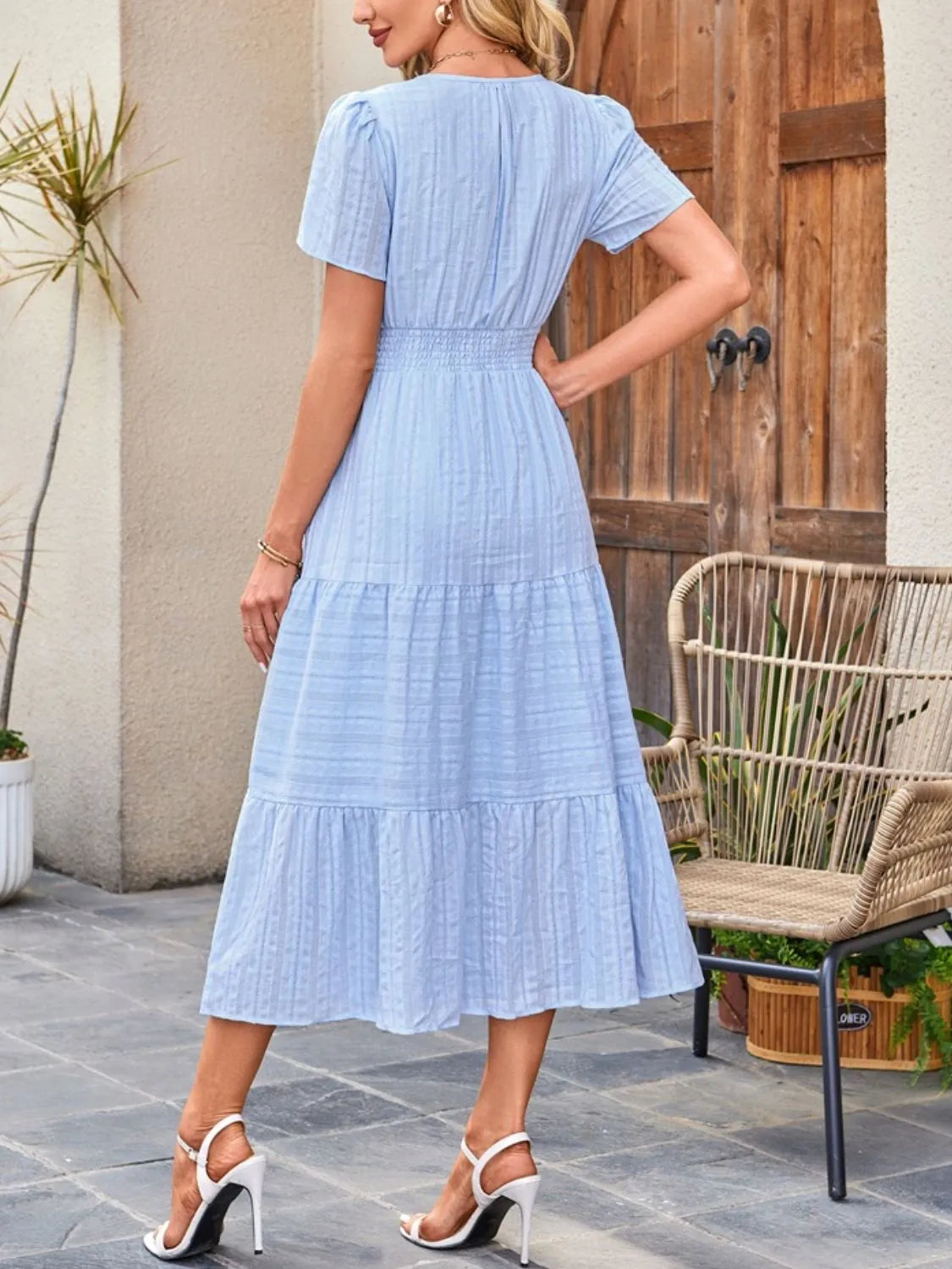 Tiered Notched Short Sleeve Dress  Shop One Place