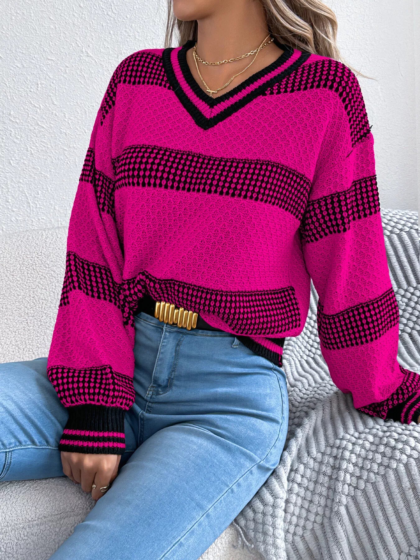 Contrast Striped V-Neck Sweater  Shop One Place