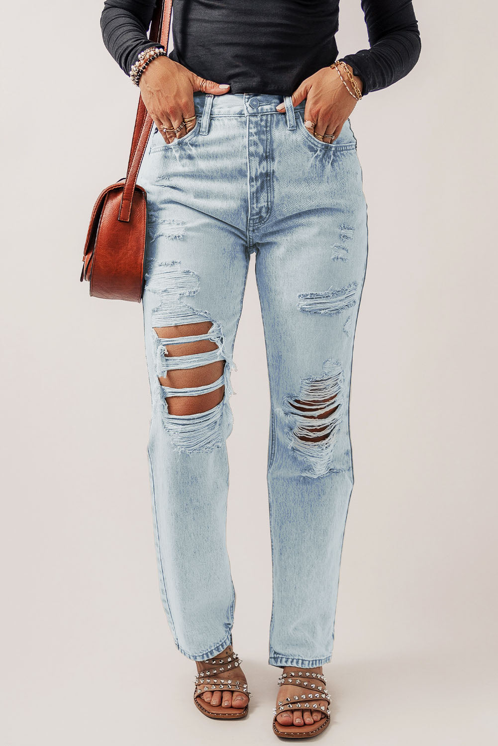 Beau Blue Vintage Acid Wash Distressed Straight Leg Jeans