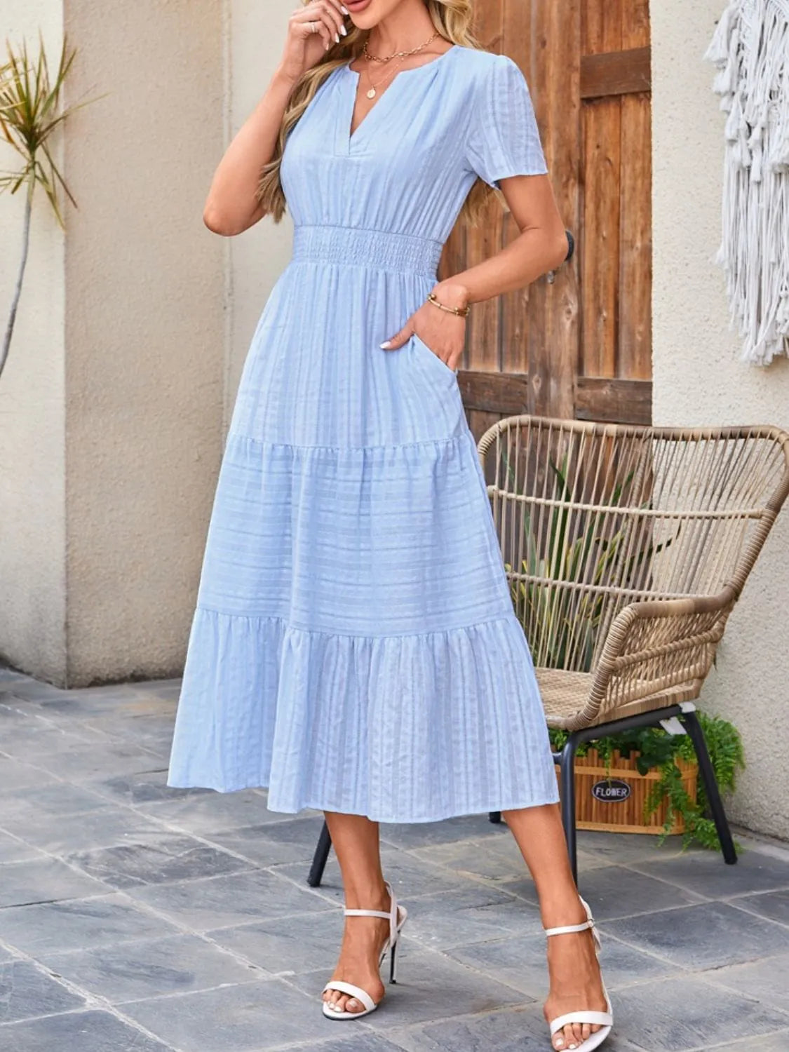 Tiered Notched Short Sleeve Dress  Shop One Place