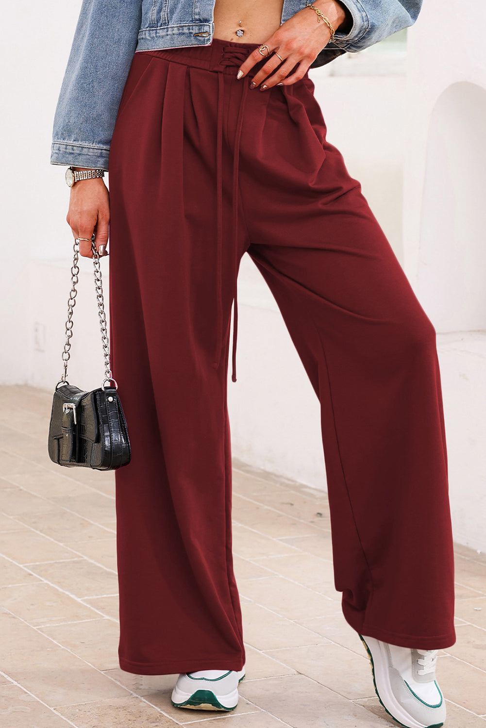 Tied Elastic High Waist Pleated Detail Solid Sweatpants