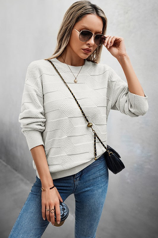 Solid Round Neck Knit Loose Long Sleeves Sweater  Shop One Place