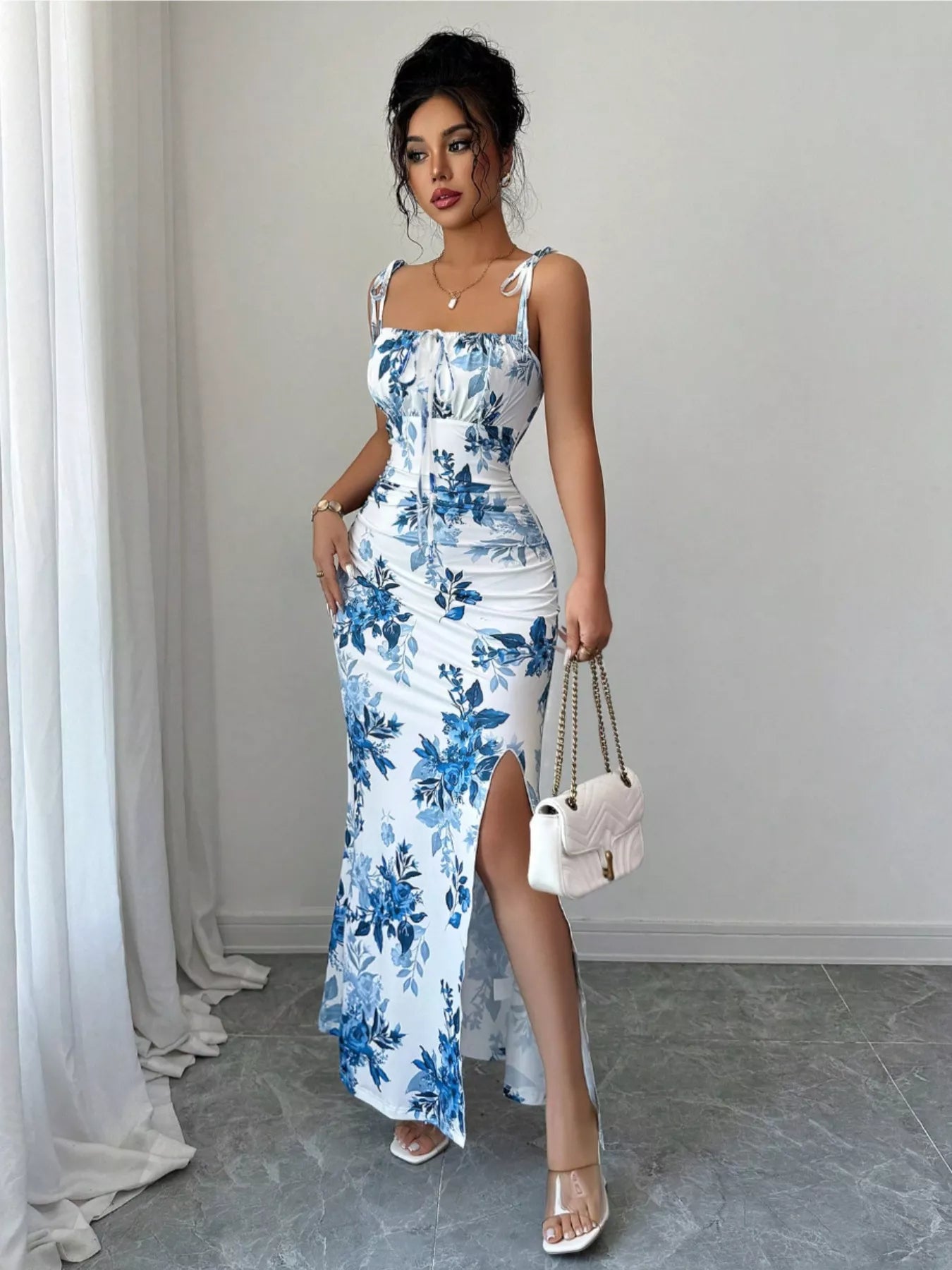 Printed Tie Strap Slit Maxi Dress  Shop One Place