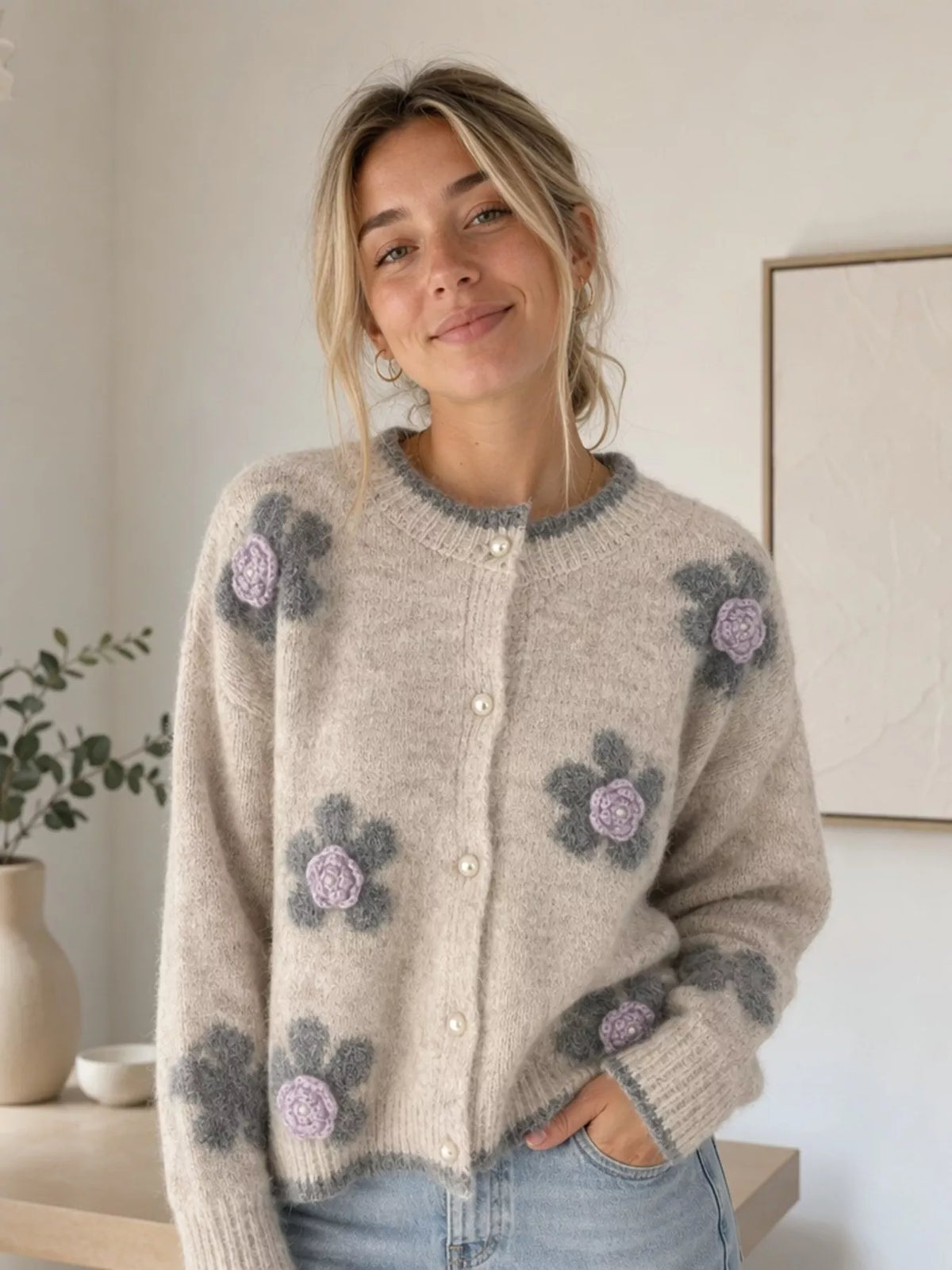 Floral Applique Button-Down Knit Cardigan  Shop One Place
