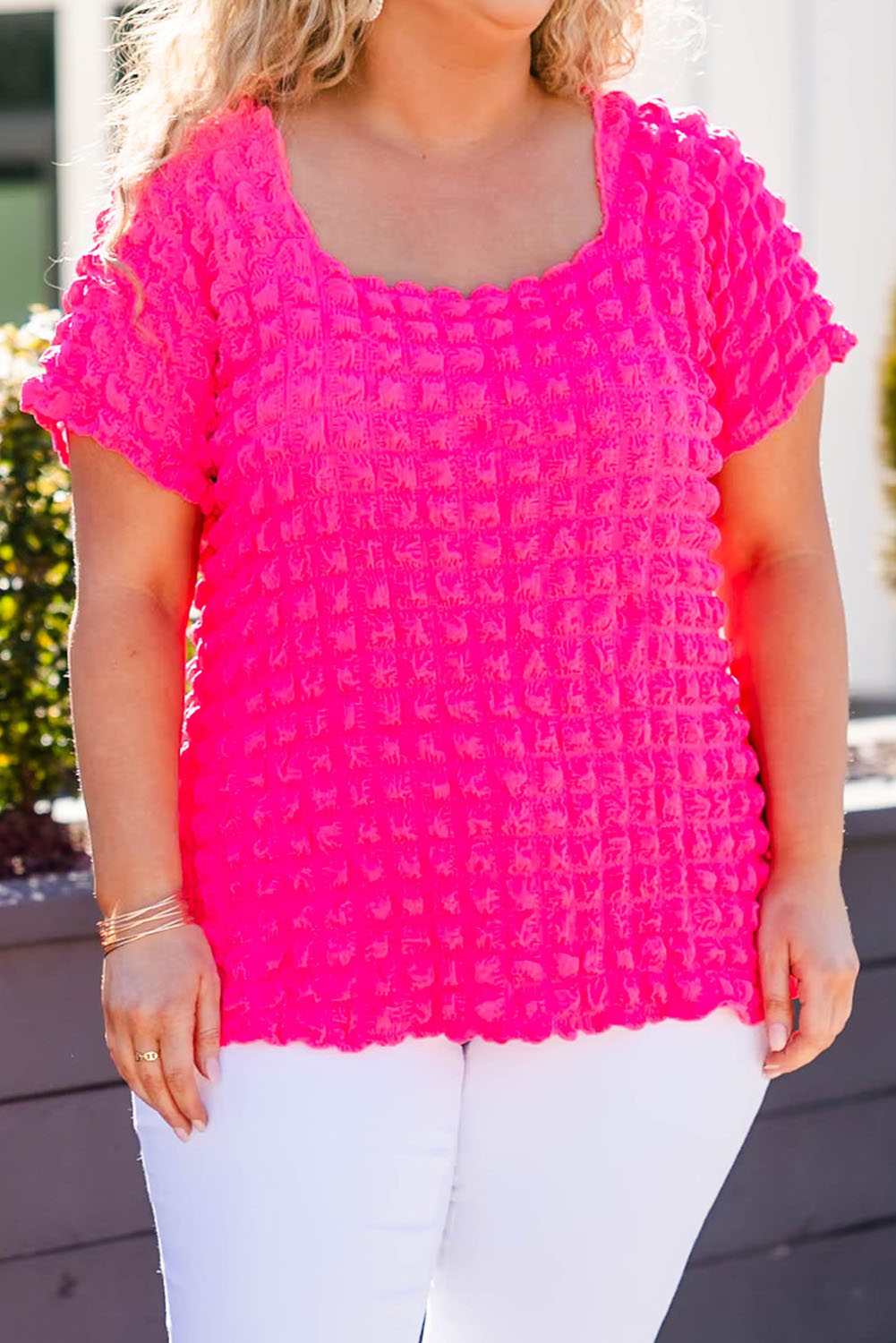 Strawberry Pink Bubble Textured Scoop Neck Plus Size Top