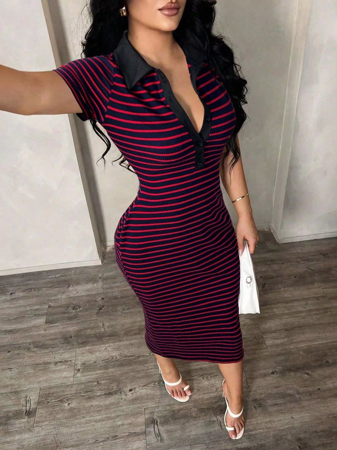 Striped Polo Collar Midi Dress  Shop One Place