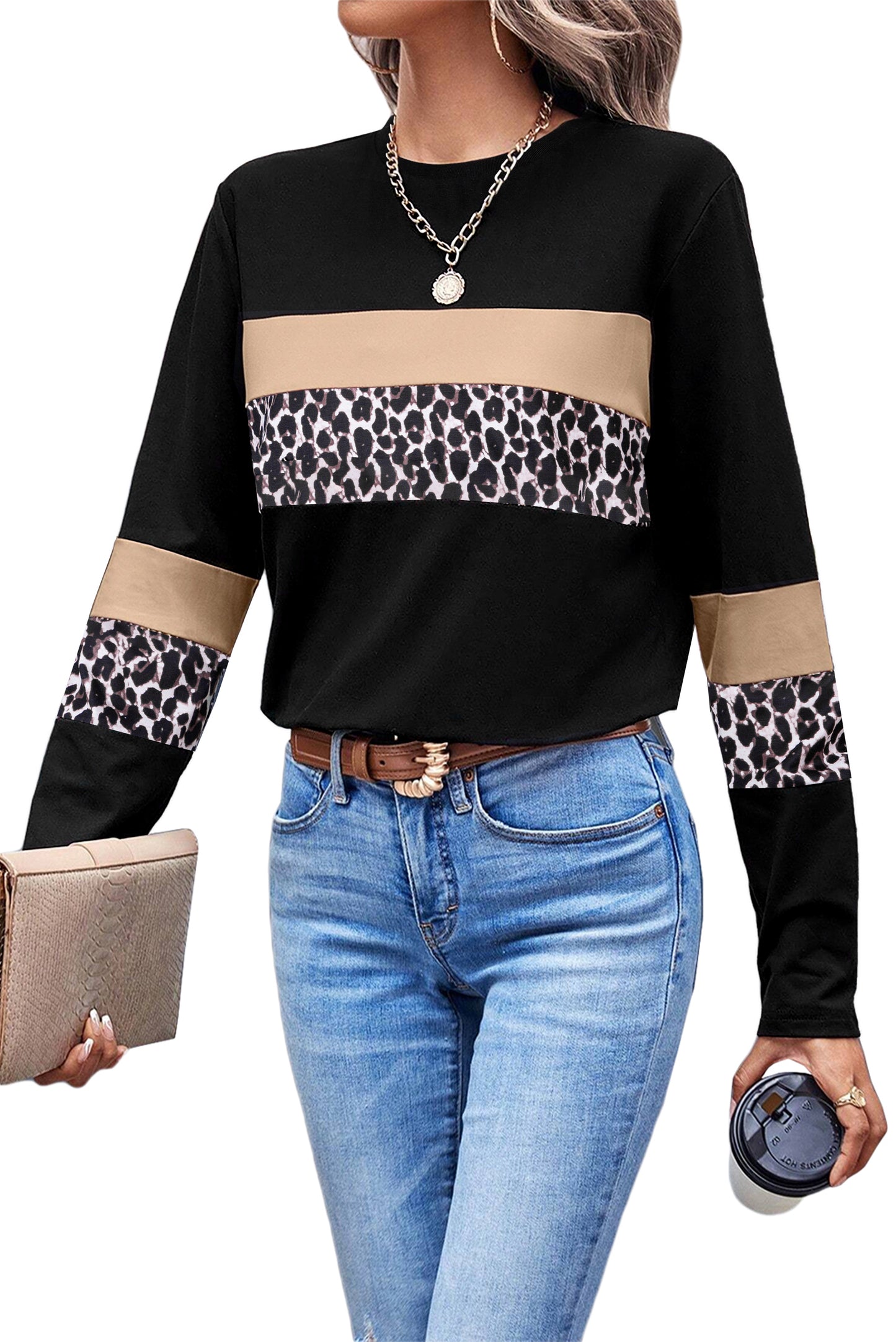 Khaki Leopard Colorblock Patchwork Crew Neck Top